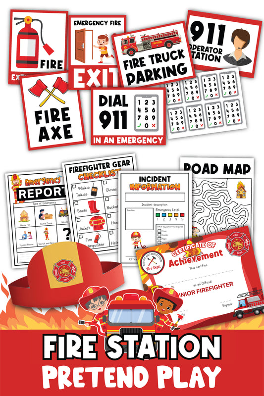 Introducing the Fire Station Pretend Play Kit by Wondermom Shop: a vibrant, digital product for kids featuring activity sheets, emergency contact cards, incident reports, a fire gear checklist, and certificates. This firefighter pretend play collection is perfect for fostering imaginative play and learning.
