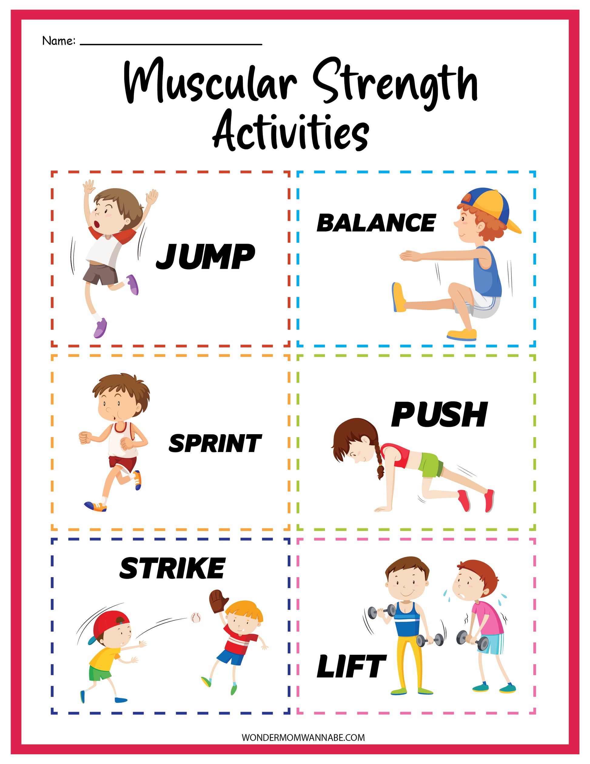 Children illustrated performing various muscular strength activities, such as jumping, balancing, sprinting, pushing, striking, and lifting. Each activity is labeled in a colorful box in this vibrant display from the Muscular System Activity Set by Wondermom Shop. This educational set is designed to teach kids about the human muscular system.