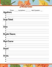 Load image into Gallery viewer, A printable Thanksgiving menu with autumn leaves on the Wondermom Shop Thanksgiving Planner.
