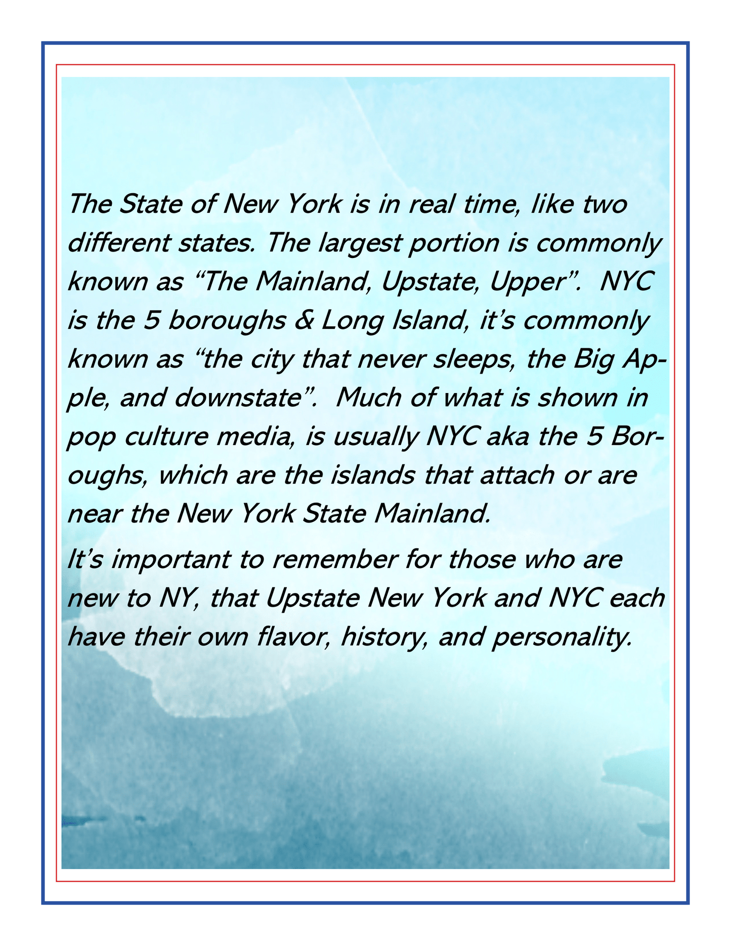 Introducing the *Upstate New York Travel Guide and Activity Kit for Kids* by Wondermom Shop. This detailed guide captures the contrasts between mainland Upstate New York and the bustling vibe of New York City. It highlights NYC’s famous nicknames and distinct character in comparison to Upstate's unique flavors, history, and personality. Perfect for young explorers, this travel kit provides essential information to help families appreciate both regions' unique charms.