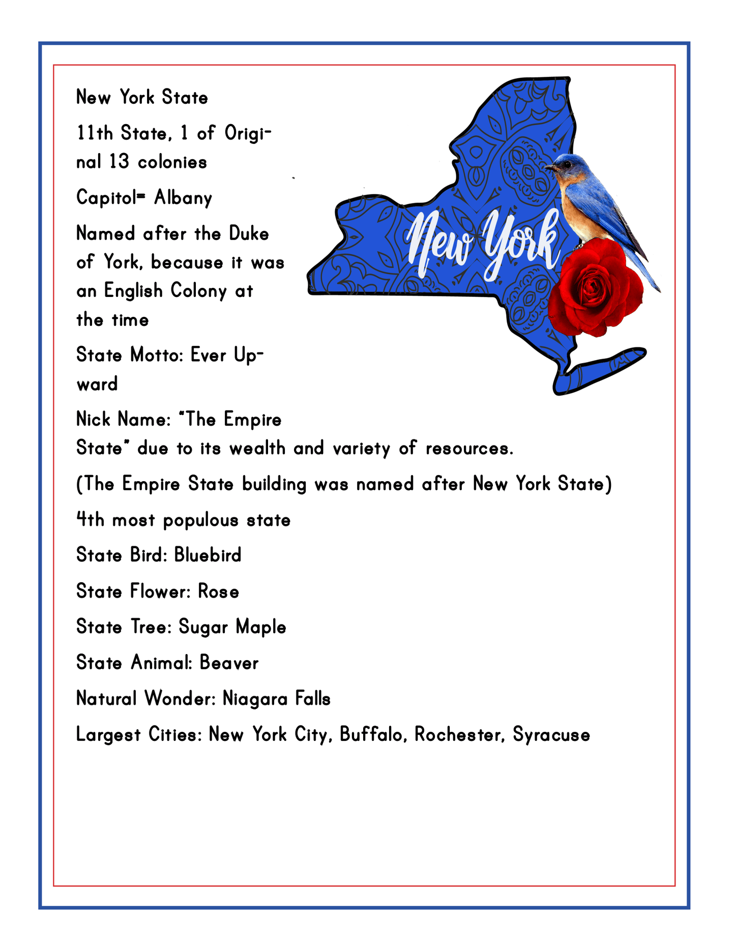 Discover Upstate New York with our Wondermom Shop's "Upstate New York Travel Guide and Activity Kit for Kids". This engaging kit features an informational poster showcasing New York State's nickname, state symbols like the bluebird and rose, a notable natural wonder, and its largest cities. The design also includes a detailed state map to provide a comprehensive travel experience.