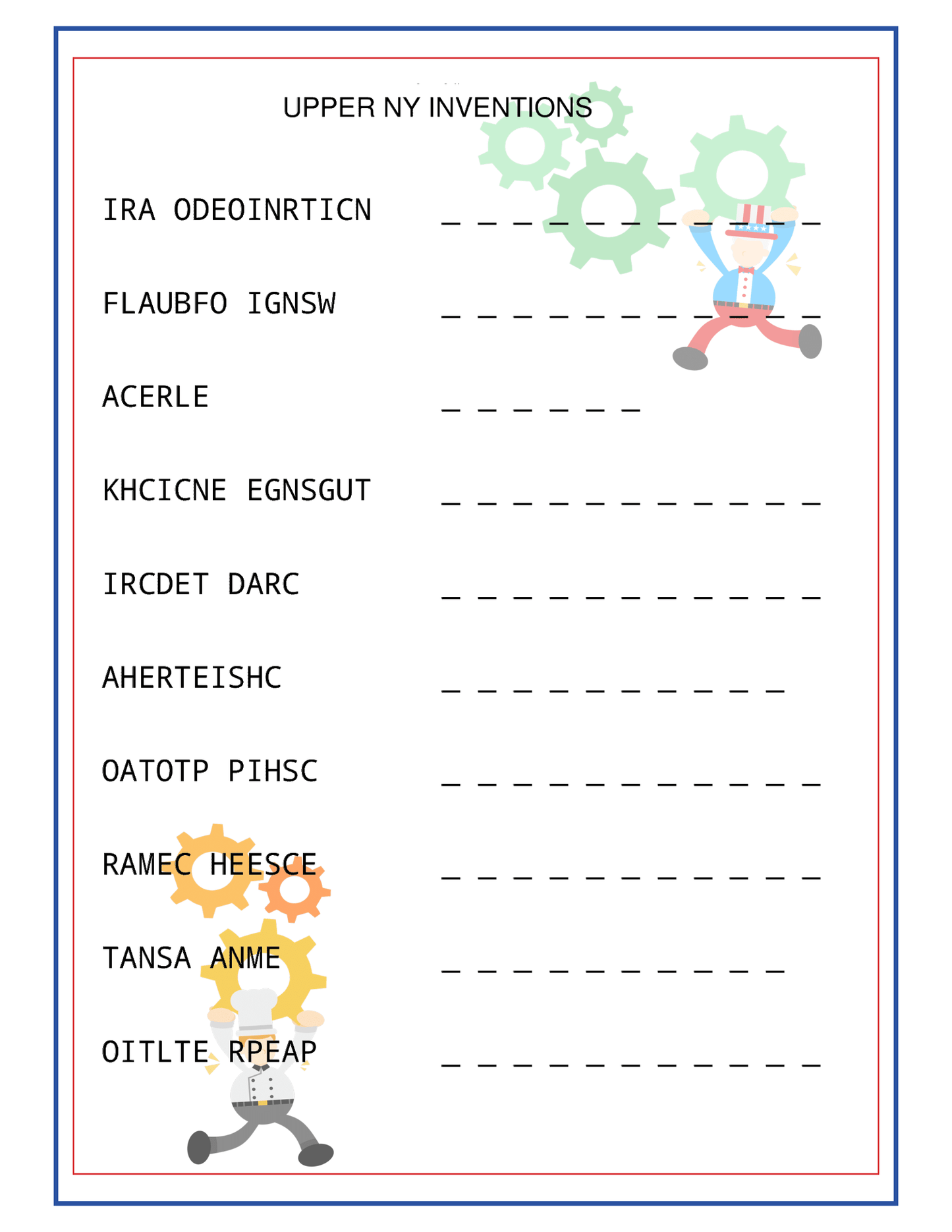 The Upstate New York Travel Guide and Activity Kit for Kids by Wondermom Shop includes a worksheet titled "Upper NY Inventions," which lists scrambled words and spaces to write the unscrambled answers. Featuring a border with illustrations of robots and gears, this engaging activity offers a fun way to learn about inventions from Upstate New York.