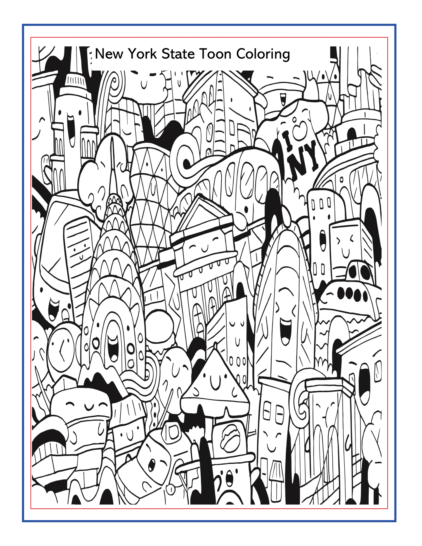 A whimsical addition to any Upstate New York Travel Guide and Activity Kit for Kids by Wondermom Shop, this detailed black-and-white coloring page features cartoon-style New York City landmarks and buildings, including smiling skyscrapers, the Statue of Liberty, and other city structures.