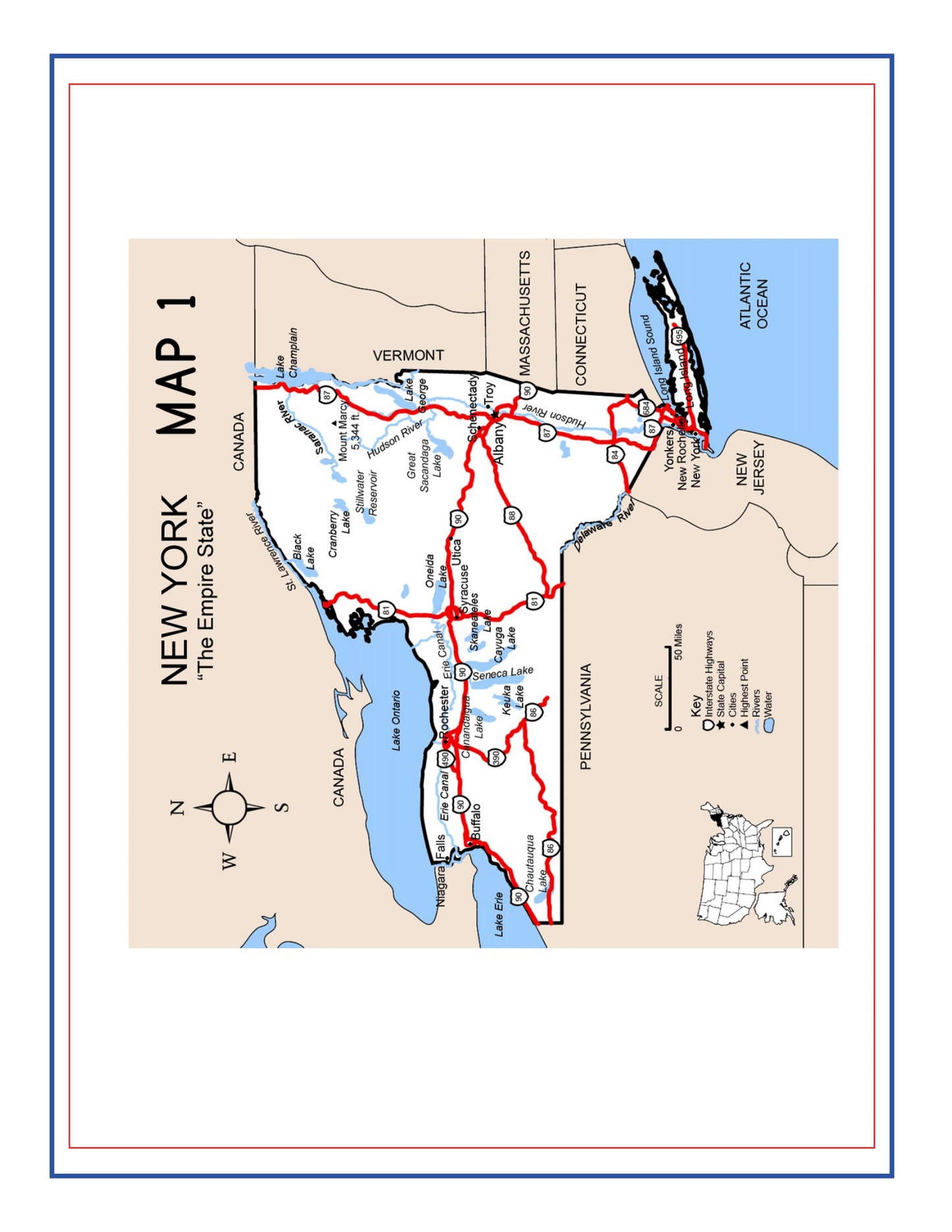 Map of New York State displaying major highways, cities, surrounding states, and bodies of water. The map includes a scale indicator and a small locator map of the USA—perfect for those using the Upstate New York Travel Guide and Activity Kit for Kids by Wondermom Shop to seek comprehensive information about New York State.
