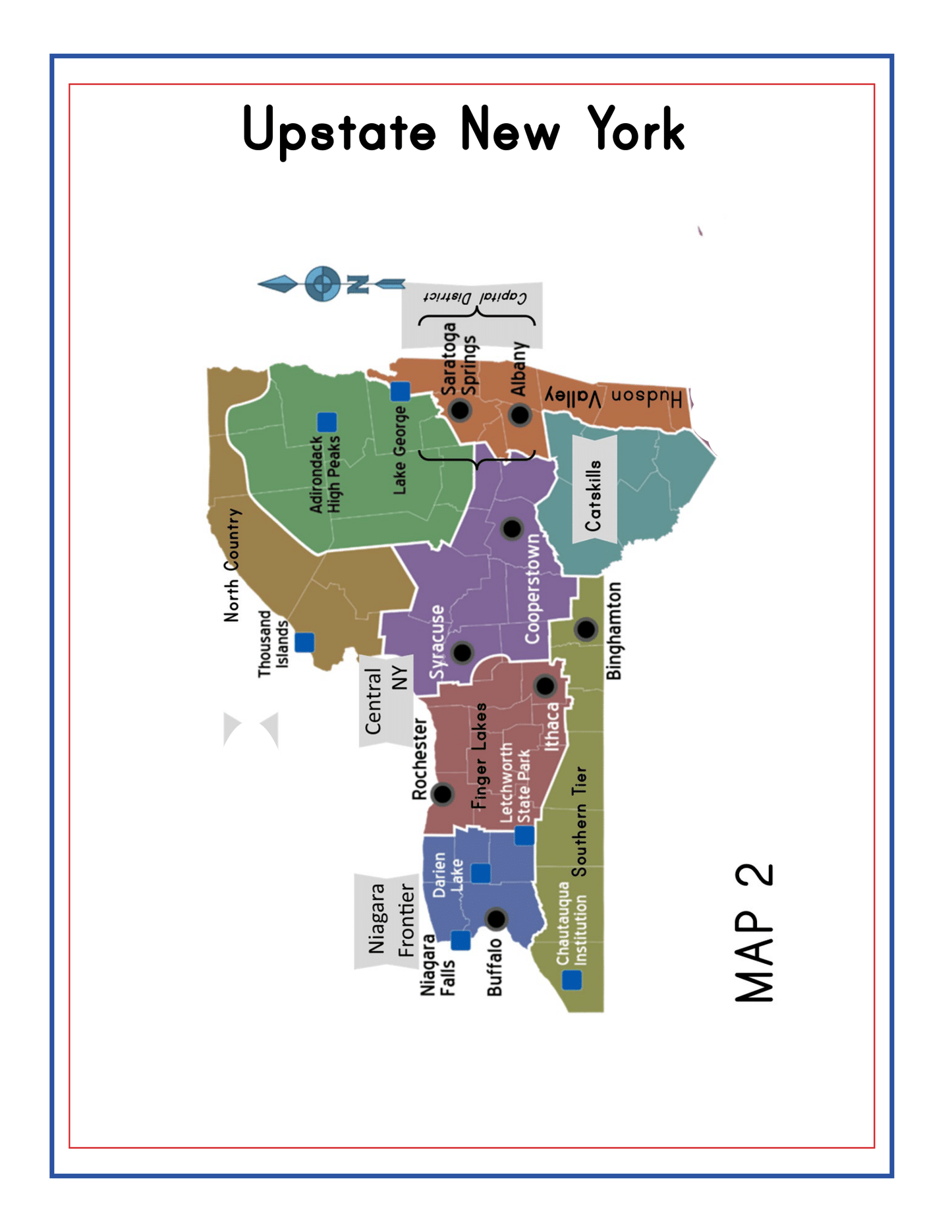 Discover the "Upstate New York Travel Guide and Activity Kit for Kids" by Wondermom Shop, featuring a map that highlights regions such as Niagara Frontier, Rochester-Finger Lakes, Central, Syracuse, Mohawk Valley, and more—an essential guide for exploring the diverse landscapes and attractions of New York State.