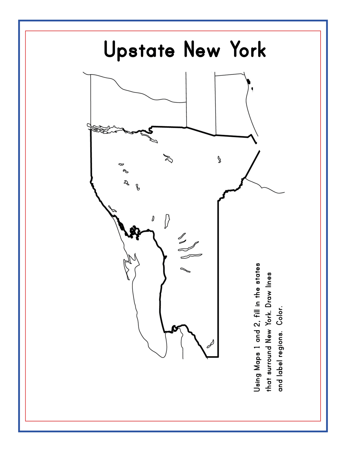 Explore the Upstate New York Travel Guide and Activity Kit for Kids by Wondermom Shop, featuring a black and white outline map of Upstate New York with clear state boundaries. Detailed instructions at the bottom encourage using specific colors for lakes and labeling the state, making it an ideal resource for a travel guide or any New York State information project.