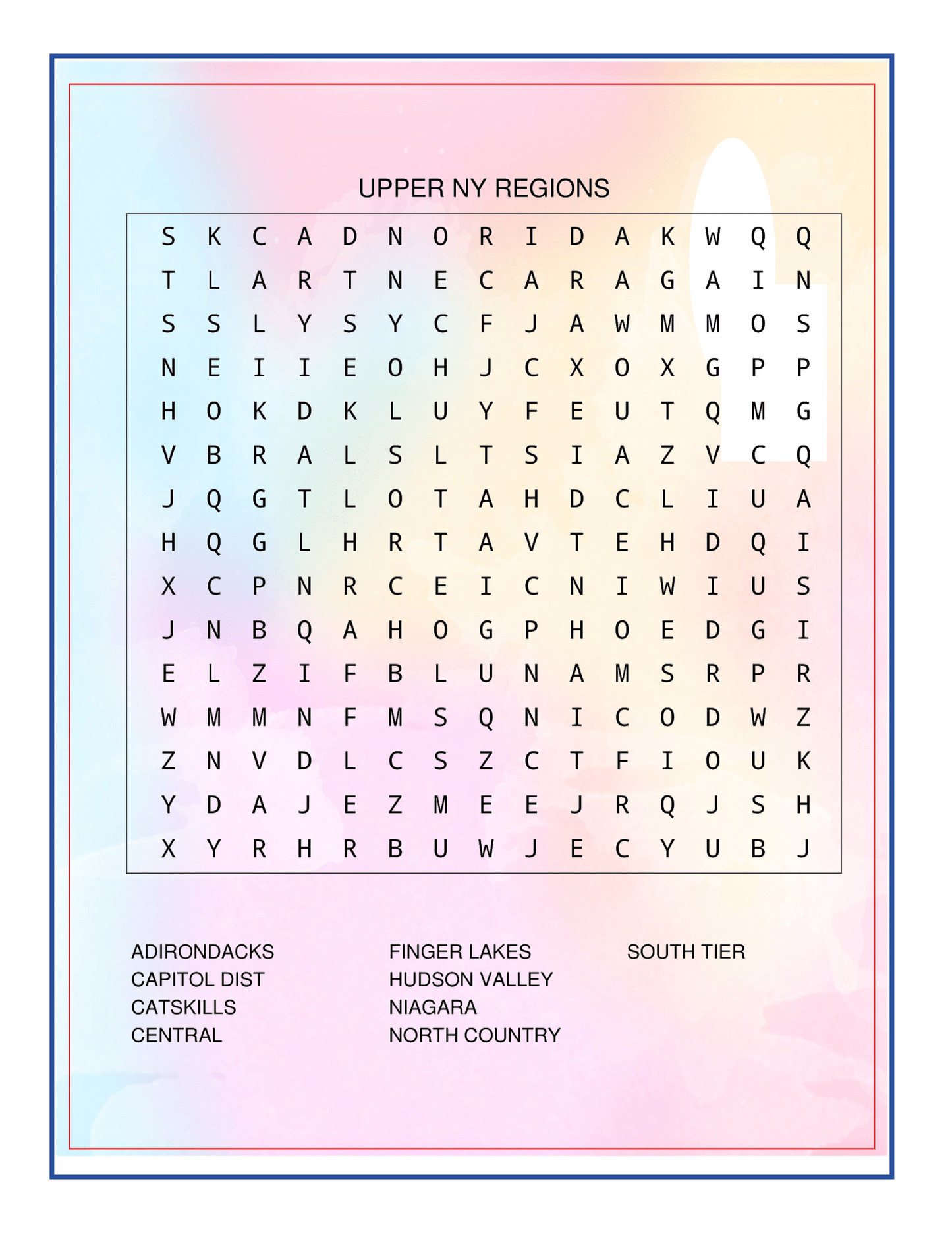 The "Upstate New York Travel Guide and Activity Kit for Kids" by Wondermom Shop includes a word search puzzle titled "Upper NY Regions," featuring words like Adirondacks, Capitol District, Catskills, among others. This engaging activity doubles as a travel guide to Upstate New York where words can be found horizontally, vertically, or diagonally.