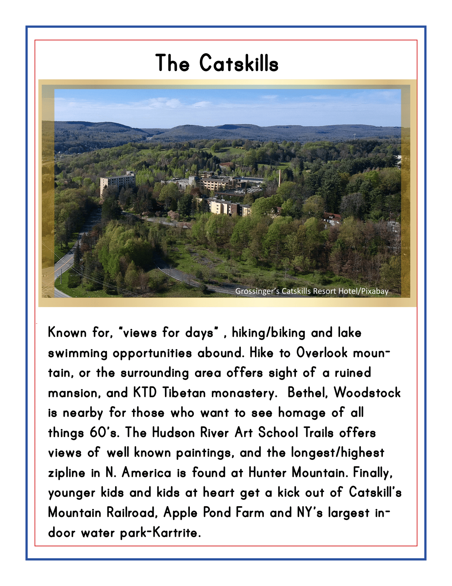 A flyer titled "Upstate New York Travel Guide and Activity Kit for Kids" by Wondermom Shop features an image of a resort nestled in the Catskills Mountains. The text, presented as a travel guide, describes family-friendly activities such as hiking, biking, art exploration, and outdoor attractions in the area. Highlights include a thrilling water park and the longest zipline in Upstate New York.