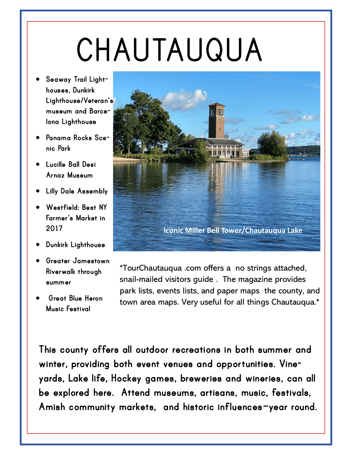 A promotional brochure for Chautauqua County in Upstate New York showcases tourist attractions, local events, and activities year-round. It includes an image of the iconic Miller Bell Tower at Chautauqua Lake and complements the experience with the Upstate New York Travel Guide and Activity Kit for Kids by Wondermom Shop.