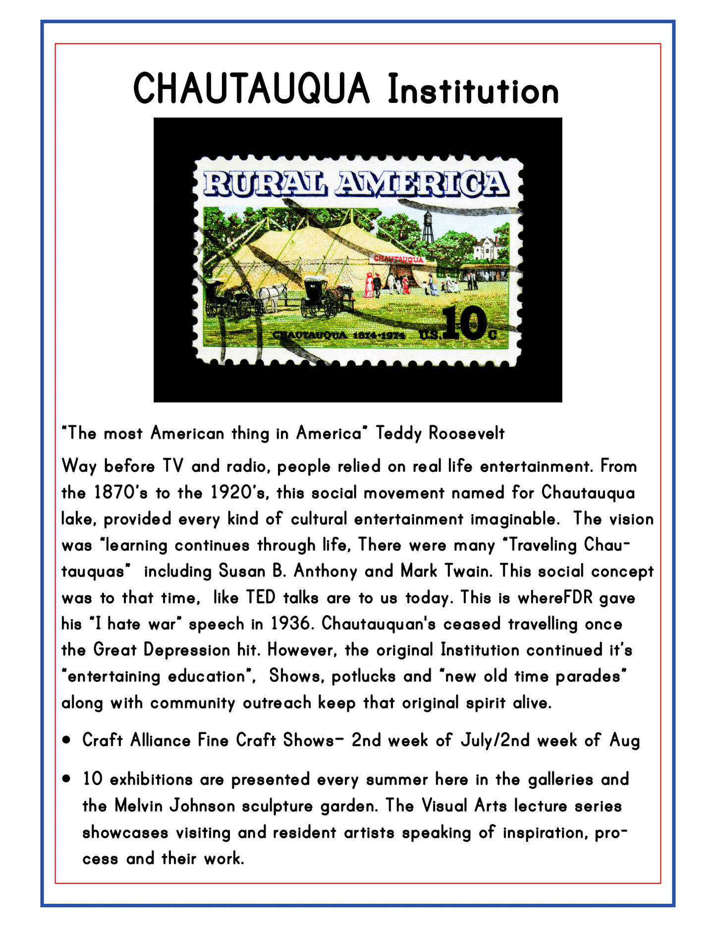 Poster about the Chautauqua Institution in Upstate New York, detailing its role in bringing education and entertainment to rural America. Featuring a stamp image and information on speaking events, performances, and craft shows. Perfect for your Wondermom Shop's Upstate New York Travel Guide and Activity Kit for Kids!