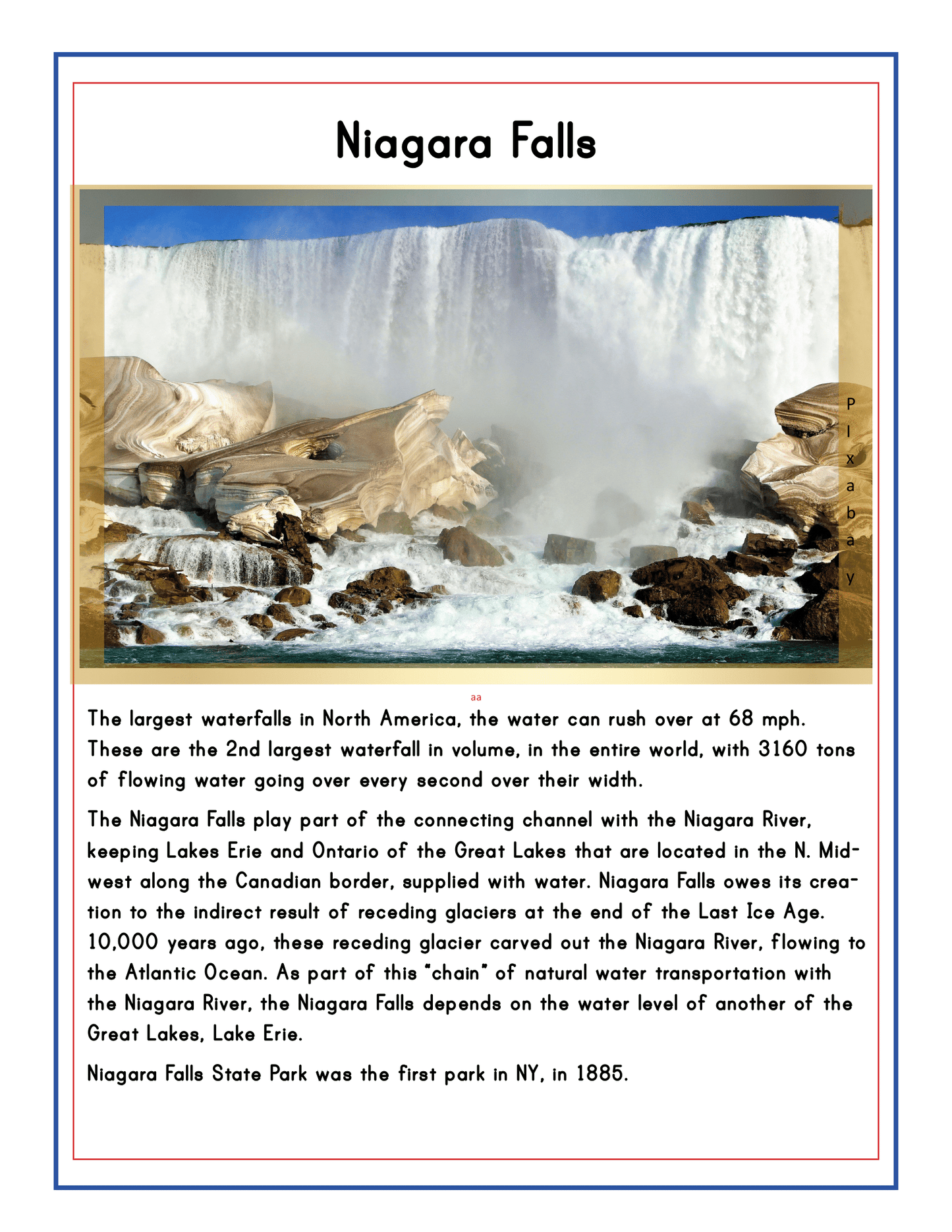 An informational poster about Niagara Falls, featuring a stunning photo of the waterfalls along with text detailing their significance, history, and geographical context within Upstate New York. This is an excellent addition to your "Upstate New York Travel Guide and Activity Kit for Kids" by Wondermom Shop!