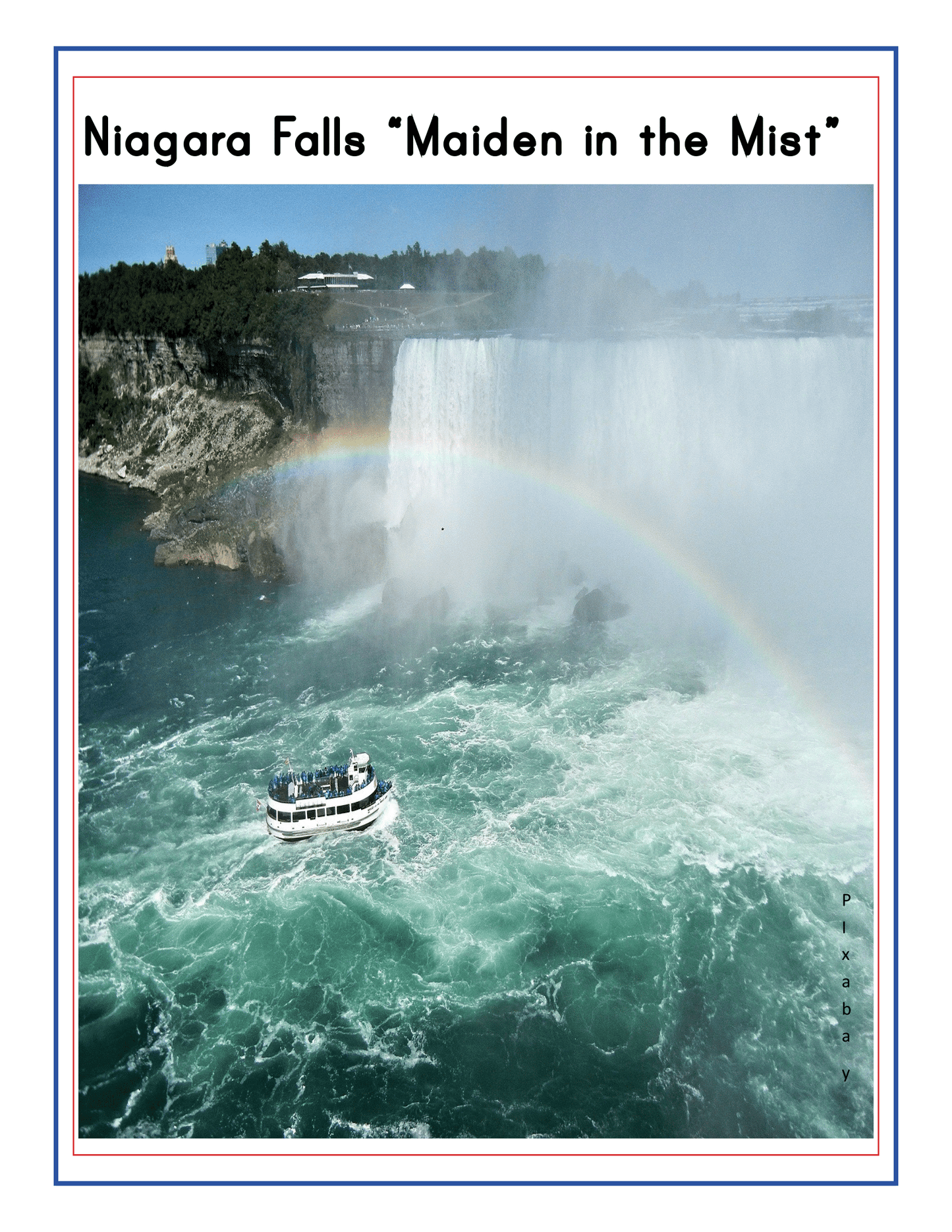 A boat navigates the turbulent waters beneath Niagara Falls, partially obscured by mist. A rainbow arcs through the misty air. Labeled "Maiden in the Mist," this iconic scene captures a must-see destination curated in the "Upstate New York Travel Guide and Activity Kit for Kids" from Wondermom Shop.