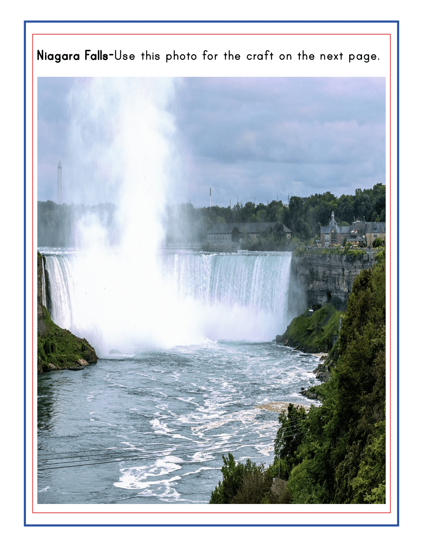A stunning view of Niagara Falls with mist rising from the waterfall, surrounded by lush greenery and buildings in the background. Text reads: "Niagara Falls - Use this photo for the craft on the next page. Discover more in our Upstate New York Travel Guide and Activity Kit for Kids by Wondermom Shop.