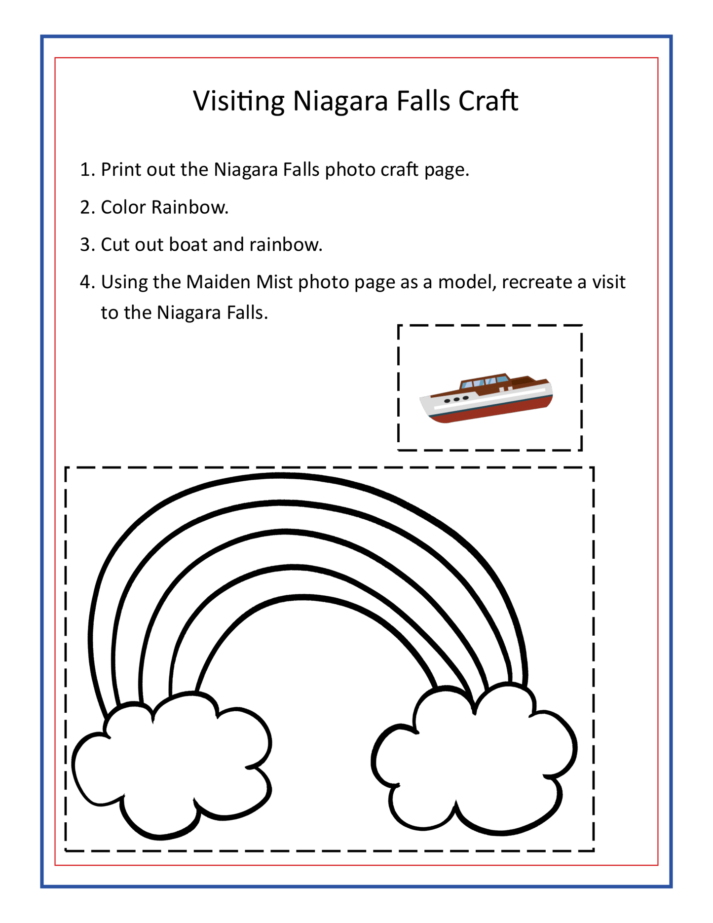 Printable craft instructions featuring Niagara Falls with outlines of a rainbow and boat to color and cut out, including a small photo of the famous Maid of the Mist. This fun project from Wondermom Shop's Upstate New York Travel Guide and Activity Kit for Kids also includes some travel guide information about Upstate New York.
