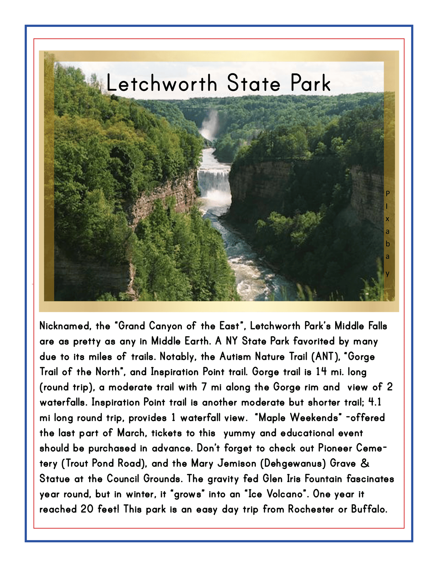 Flyer for Letchworth State Park featuring an image of the Middle Falls, trails, and park amenities. This Wondermom Shop Upstate New York Travel Guide and Activity Kit for Kids provides details about hiking options, geological features, and recommendations for visitors.