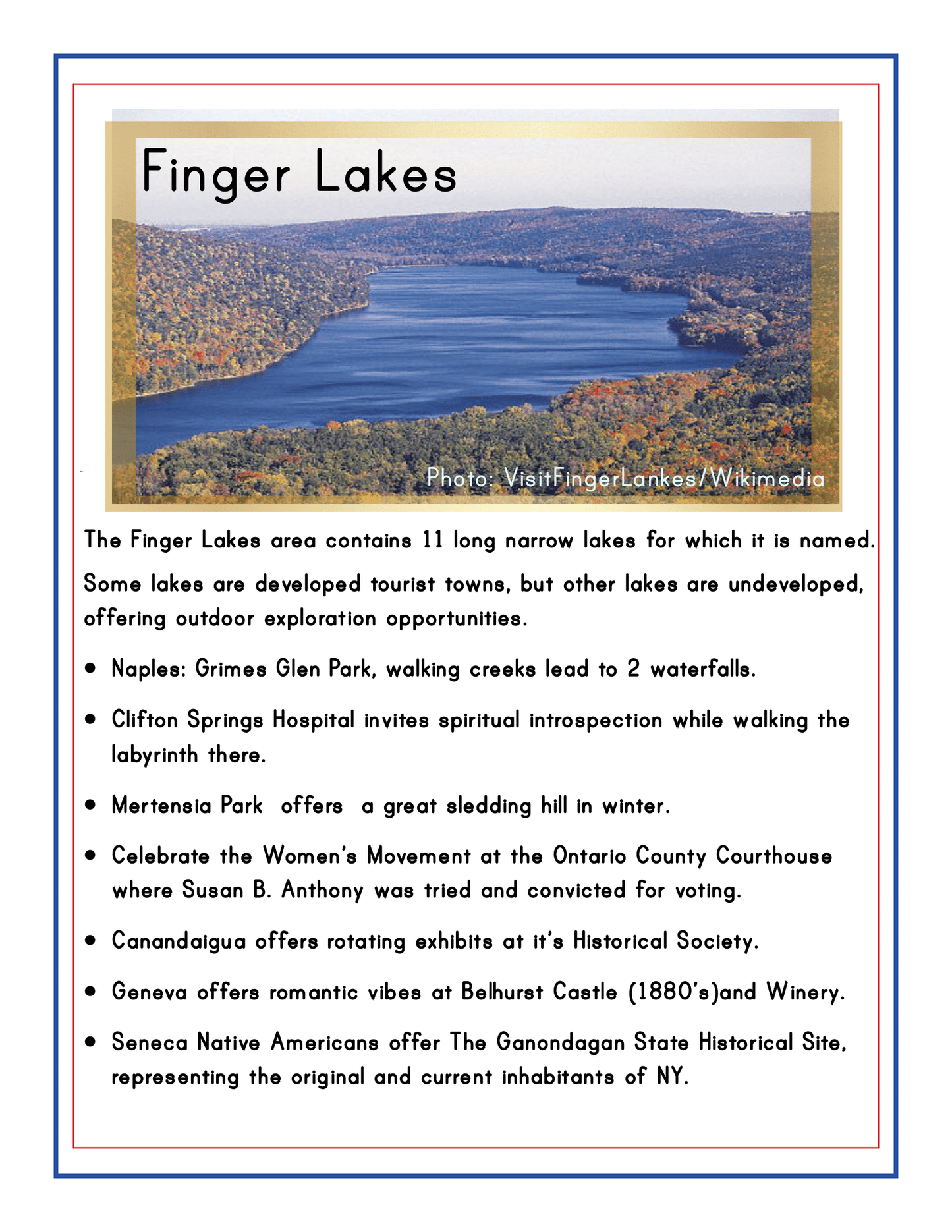 Informational flyer about the Finger Lakes region in Upstate New York, highlighting 11 long lakes, natural sites, historical landmarks, recreational activities, and local attractions. The Upstate New York Travel Guide and Activity Kit for Kids by Wondermom Shop is accompanied by a scenic landscape photo to inspire your next adventure.