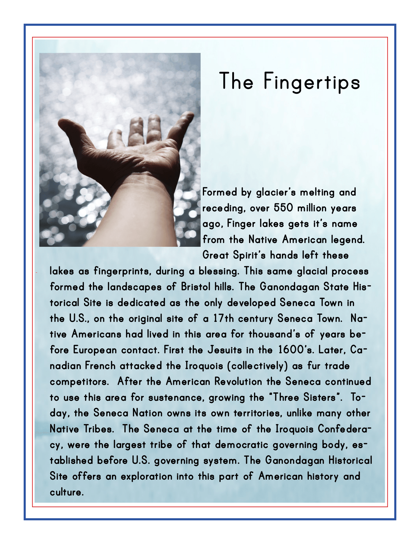 A hand with fingers extended in an outdoor setting. Text titled "The Fingertips" describes the historical significance of the Ganondagan State Historical Site and the Seneca Nation, featured as a must-see in the Wondermom Shop's Upstate New York Travel Guide and Activity Kit for Kids.