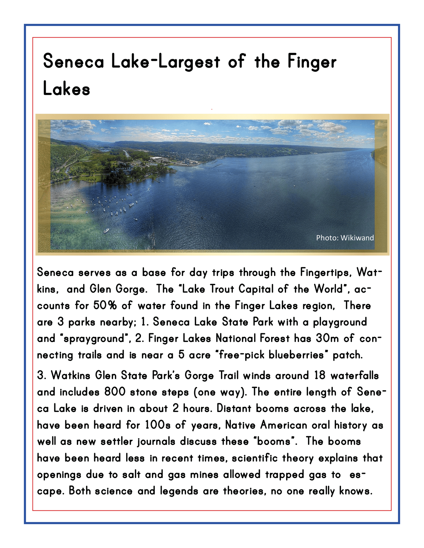Informational poster about Seneca Lake, featuring a scenic image of the lake, and discussing its significance, parks, and local geology in a matter-of-fact manner as part of Wondermom Shop's "Upstate New York Travel Guide and Activity Kit for Kids.