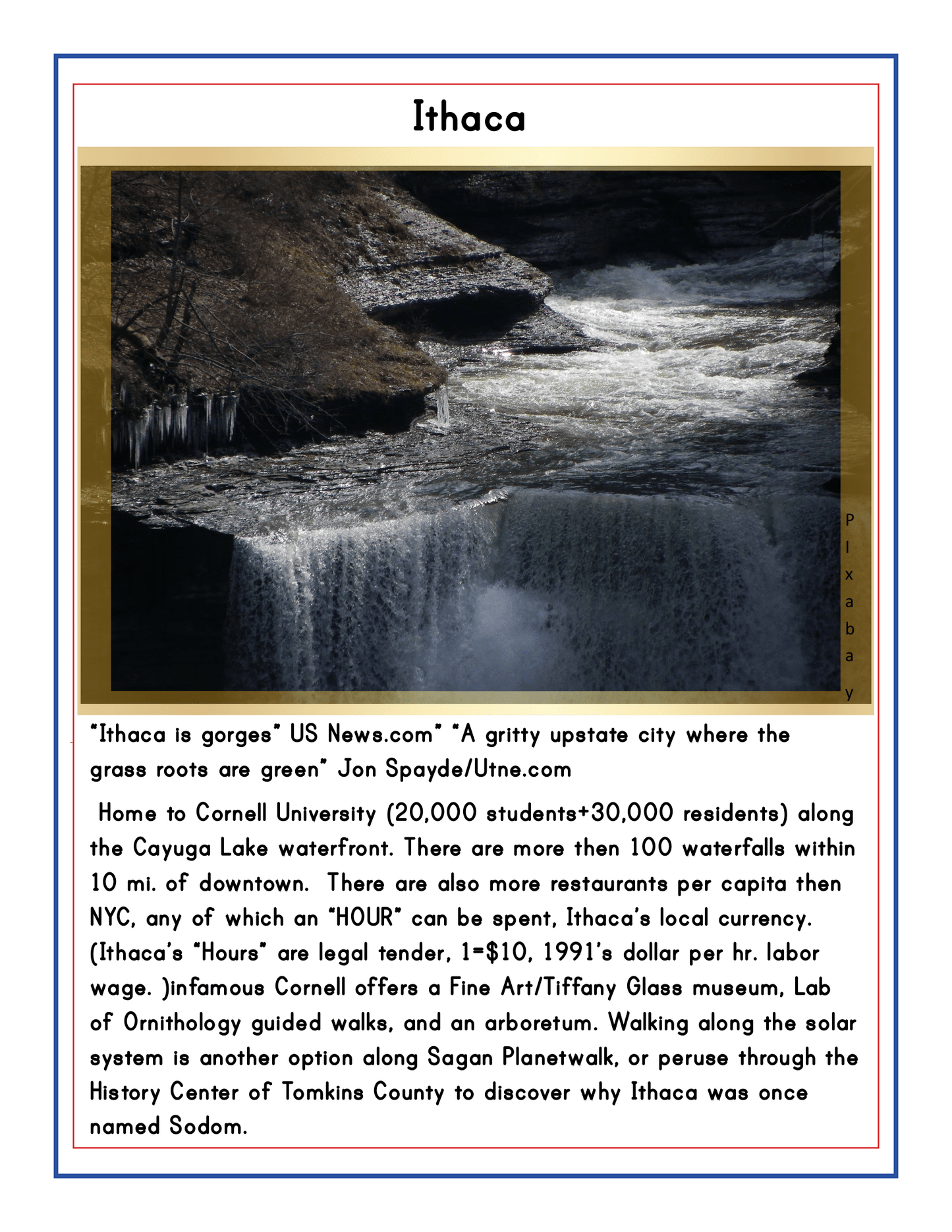 An image showcases a waterfall in Ithaca, NY, with text emphasizing Upstate New York's natural beauty, Cornell University, museums, dining scene, and rich local history. It highlights the region's high restaurant density and includes a humorous reference to the origin of its name—making it an ideal feature for the **Upstate New York Travel Guide and Activity Kit for Kids** by **Wondermom Shop**.
