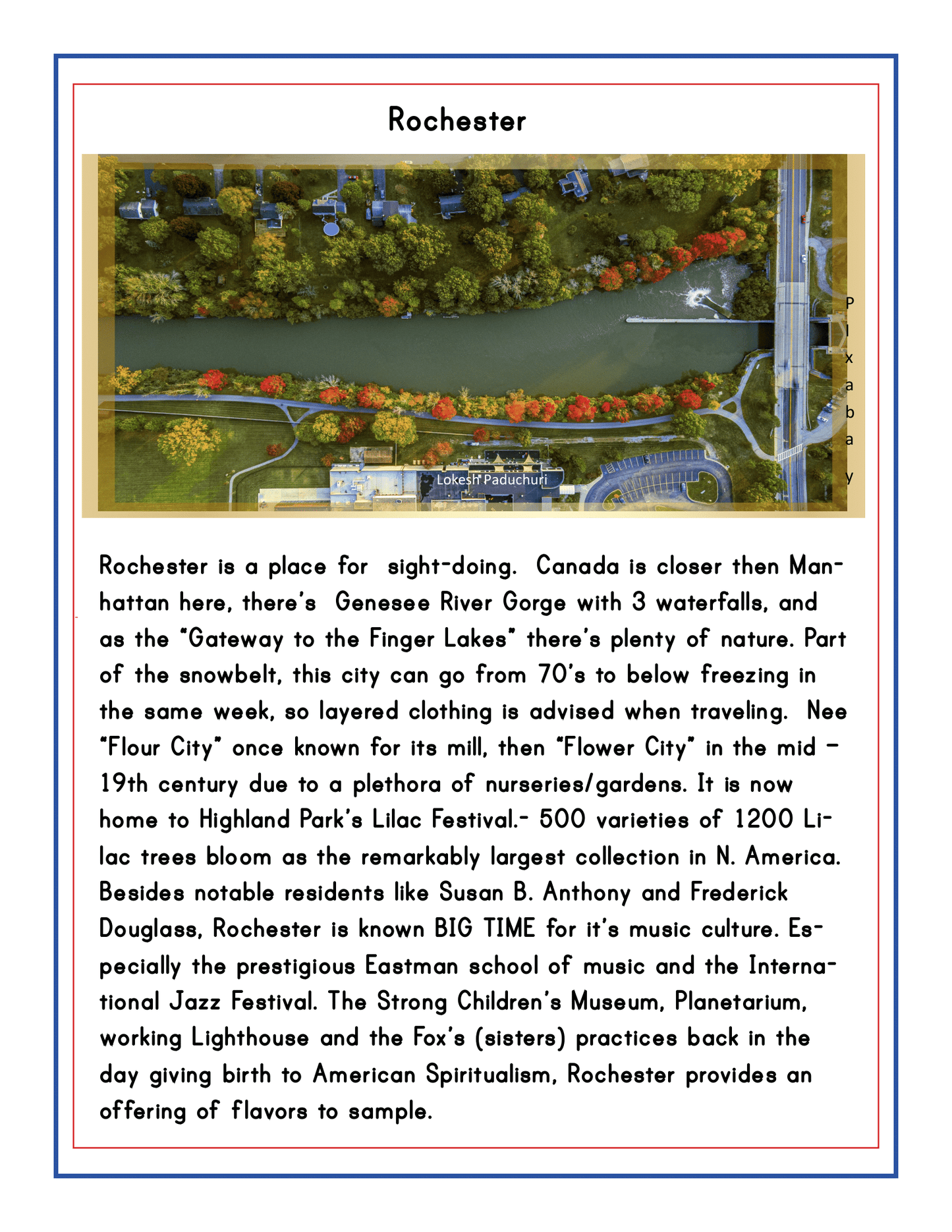 The Upstate New York Travel Guide and Activity Kit for Kids by Wondermom Shop features an engaging aerial map of Rochester, highlighting notable landmarks and attractions such as parks, museums, and the river. This informative text underscores the city's distinctive features and rich cultural significance, making it an ideal inclusion for any children's travel guide.