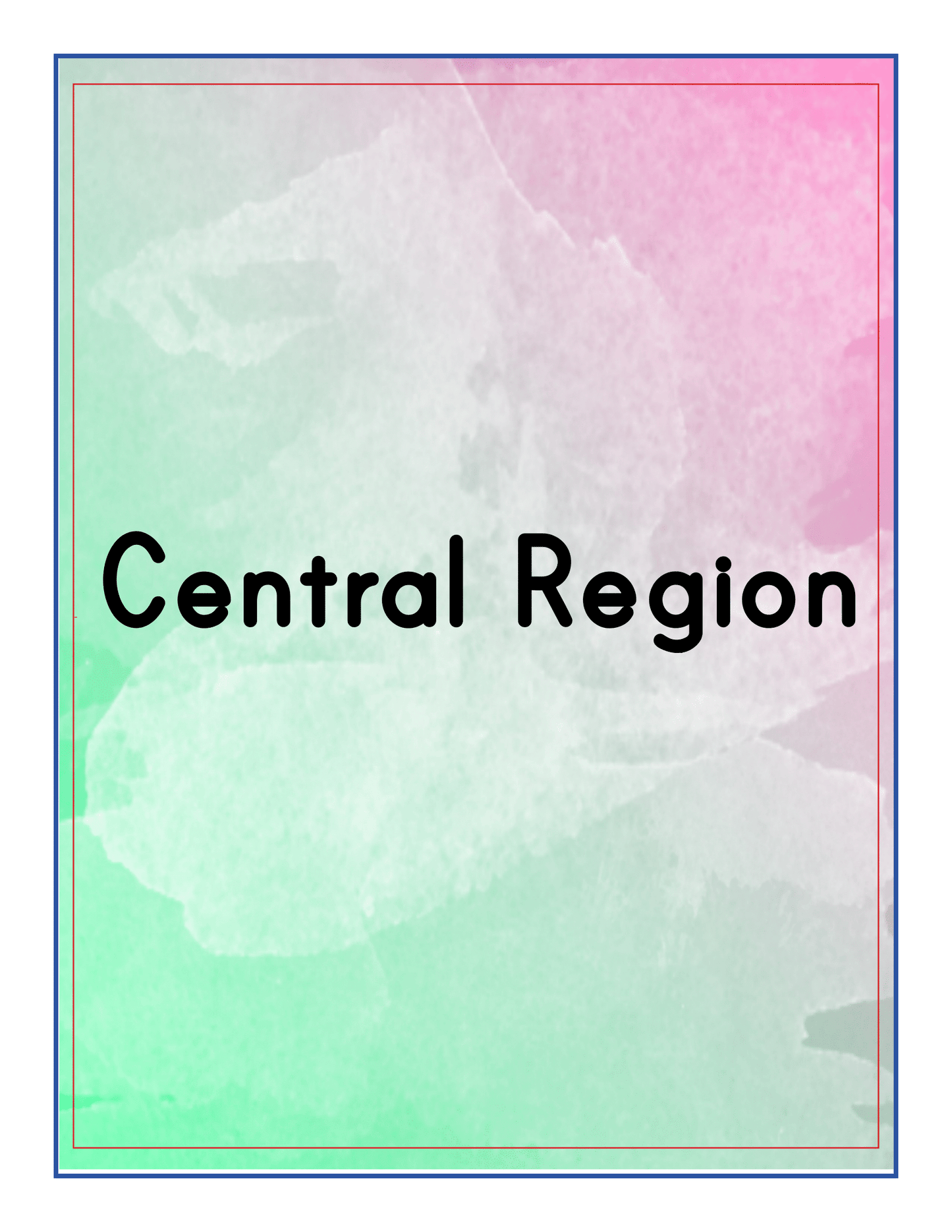 The text "Central Region" is displayed on a colorful gradient background featuring shades of green, pink, and white, capturing the scenic charm that Upstate New York is known for, as showcased in the Upstate New York Travel Guide and Activity Kit for Kids by Wondermom Shop.