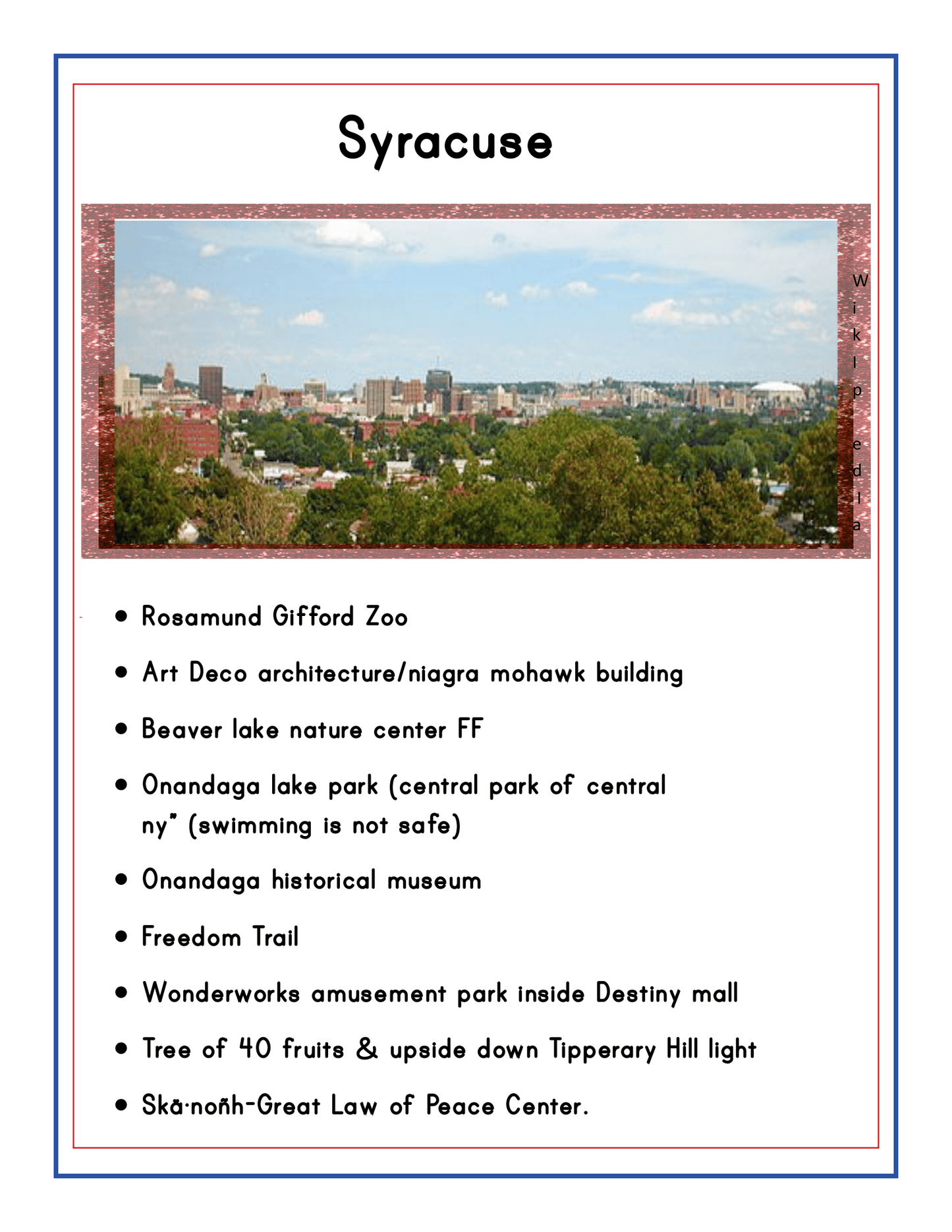 Discover the "Upstate New York Travel Guide and Activity Kit for Kids" by Wondermom Shop, highlighting Syracuse’s attractions such as the Rosamund Gifford Zoo, Erie Canal Museum, Onondaga Lake Park, and Skä·noñh-Great Law of Peace Center. An image of the Syracuse skyline graces the top of this engaging guide.