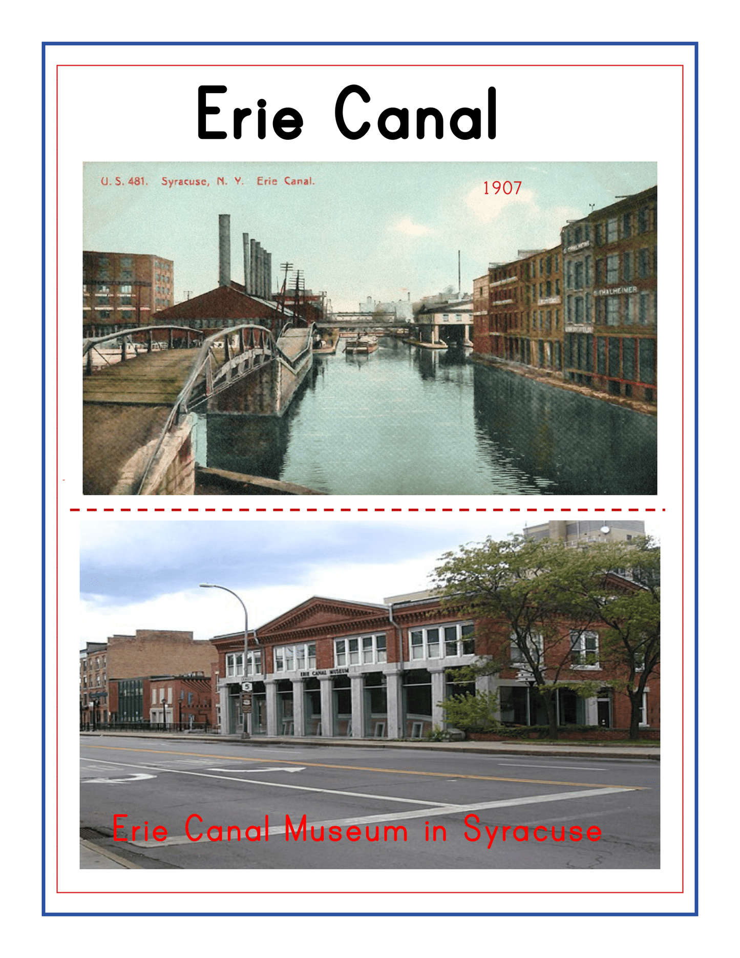 Top: Historic postcard of the Erie Canal in Syracuse, NY, 1907. Bottom: Modern image of the Erie Canal Museum in Syracuse—a must-see according to the Upstate New York Travel Guide and Activity Kit for Kids by Wondermom Shop.