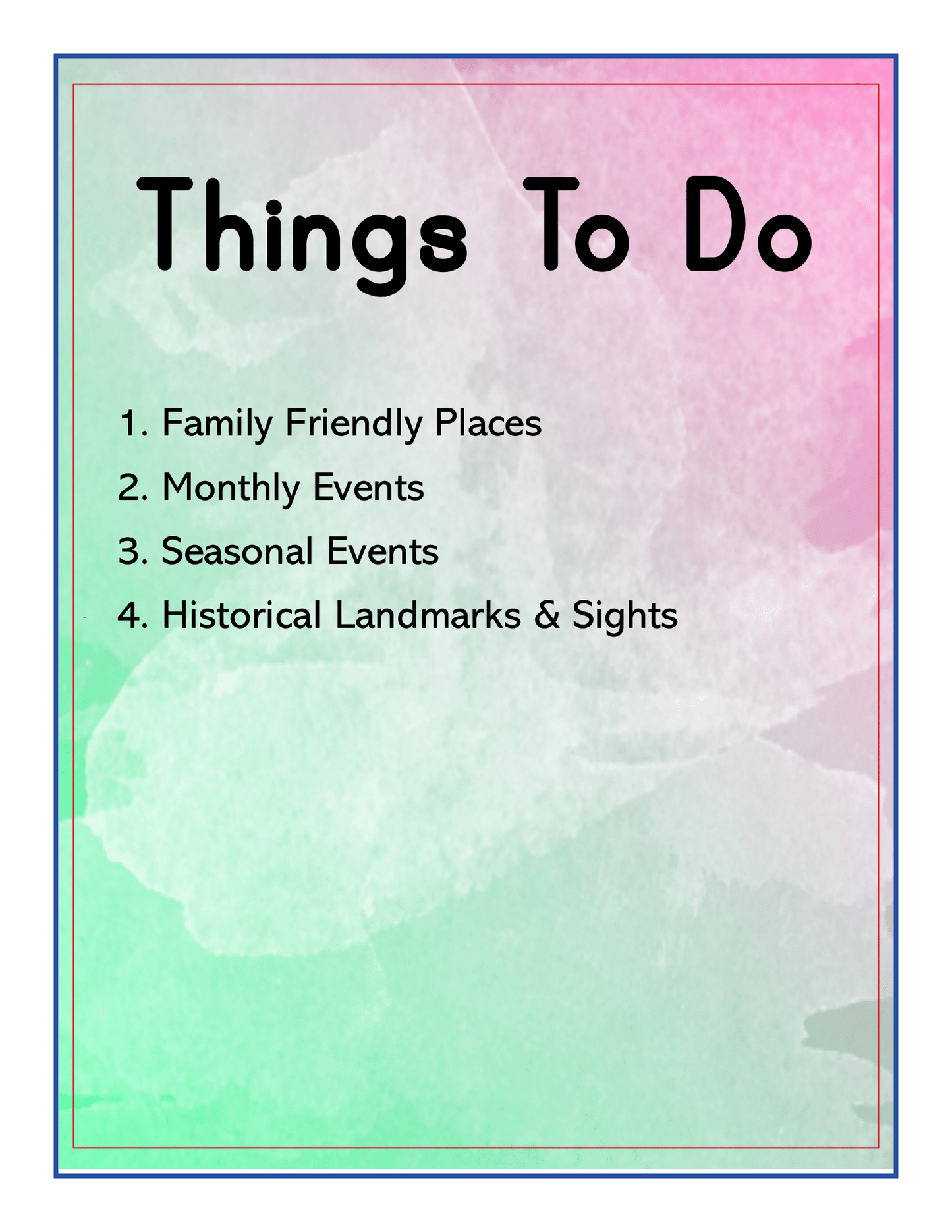 The "Upstate New York Travel Guide and Activity Kit for Kids" by Wondermom Shop features a vibrant gradient background "Things To Do" list, which includes: 1. Family Friendly Places, 2. Monthly Events, 3. Seasonal Events, and 4. Historical Landmarks & Sights in Upstate New York.