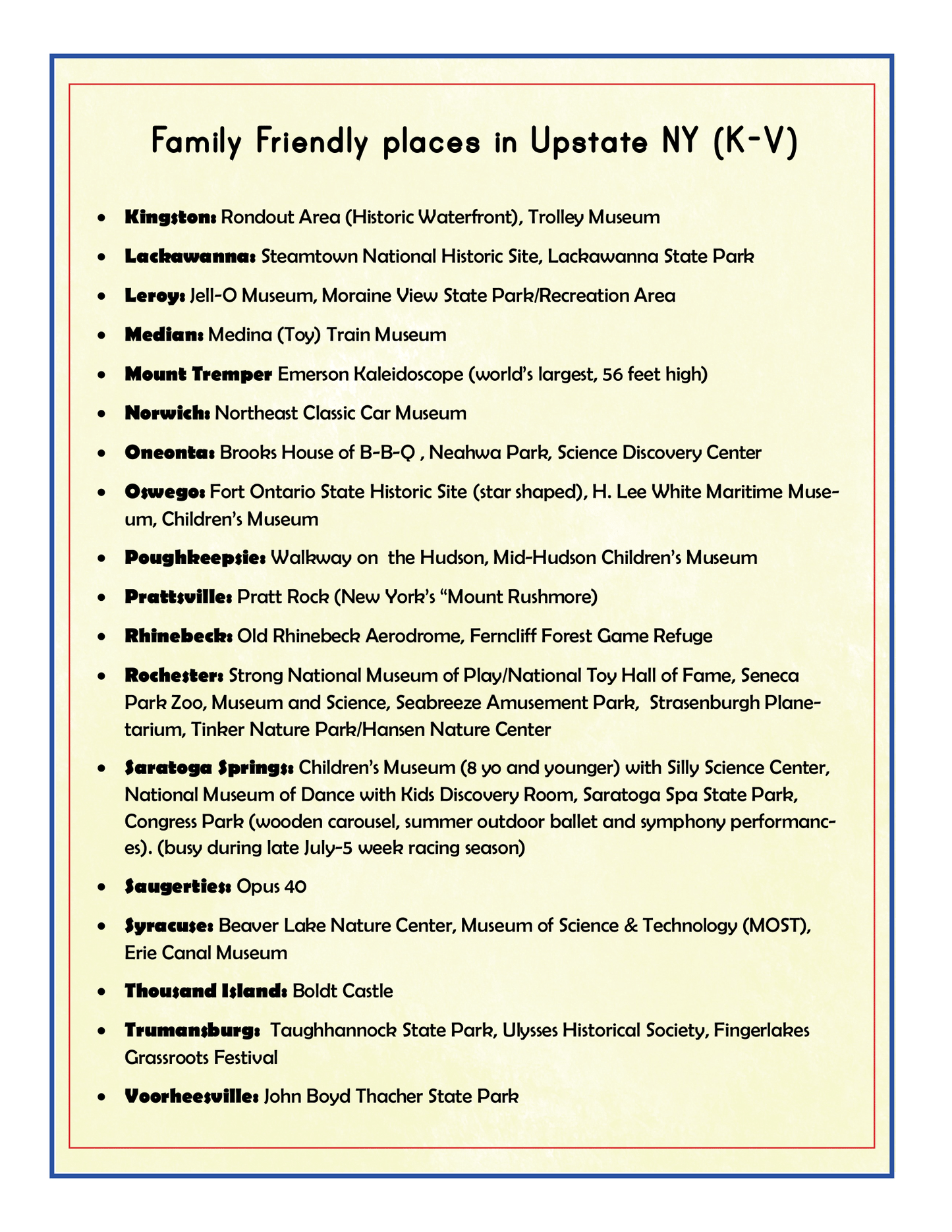 A travel guide titled "Upstate New York Travel Guide and Activity Kit for Kids" by Wondermom Shop, featuring various destinations including museums, nature trails, parks, and historical sites in towns from Kingston to Voorheesville. Explore the best of Upstate New York with your family.