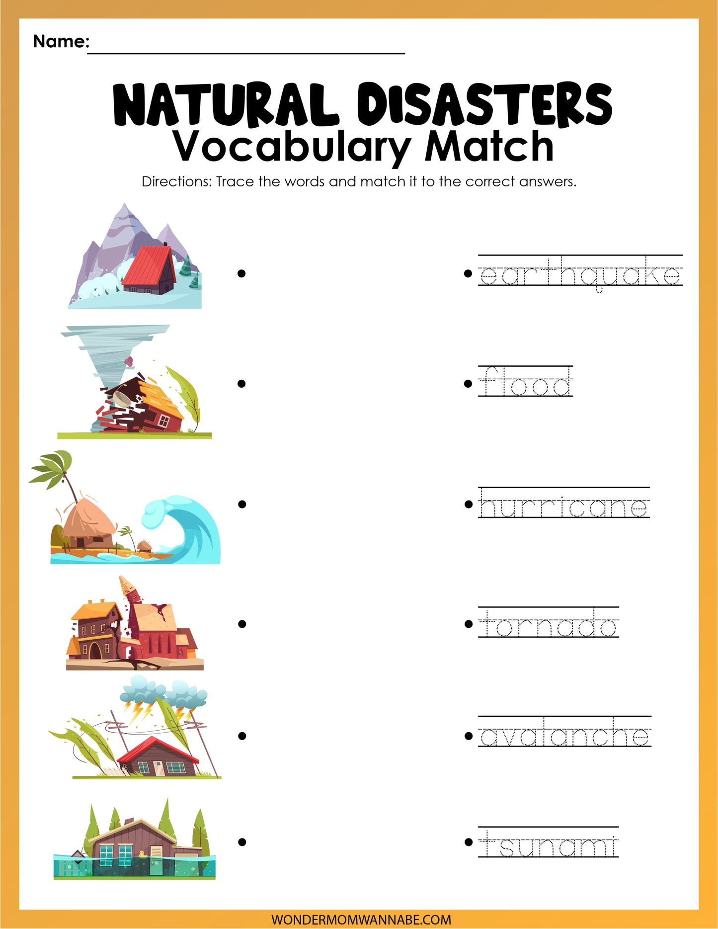 A worksheet titled "NATURAL DISASTERS Vocabulary Match" from Wondermom Shop's "Natural Disasters Activity Set" features engaging illustrations and spaces to match terms like earthquake, flood, hurricane, tornado, avalanche, and tsunami. This digital product is perfect for educational activities.