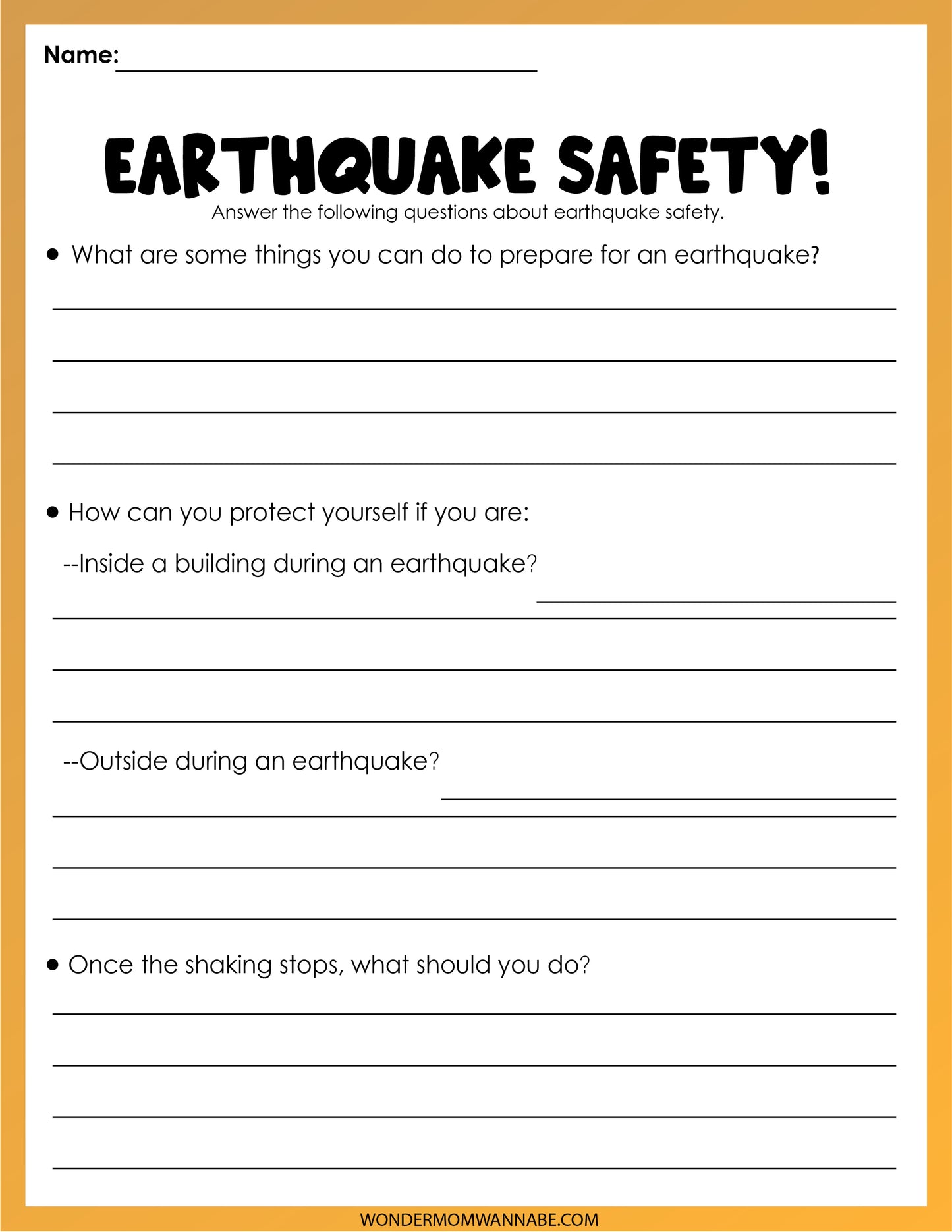 Included in the Wondermom Shop's "Natural Disasters Activity Set" is a digital worksheet titled "Earthquake Safety," which features sections for questions on preparing for an earthquake, protecting oneself both inside and outside during one, and actions to take after the shaking stops.