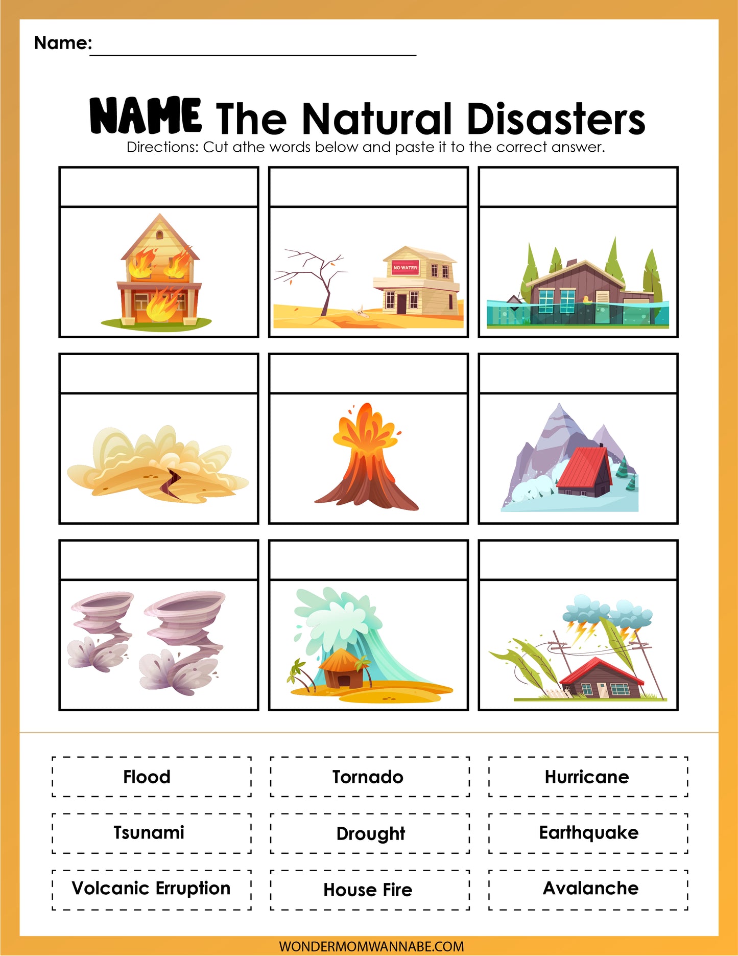 Wondermom Shop's "Natural Disasters Activity Set" includes nine images of natural disasters paired with cut-out words for matching, making it an ideal tool for educational activities.