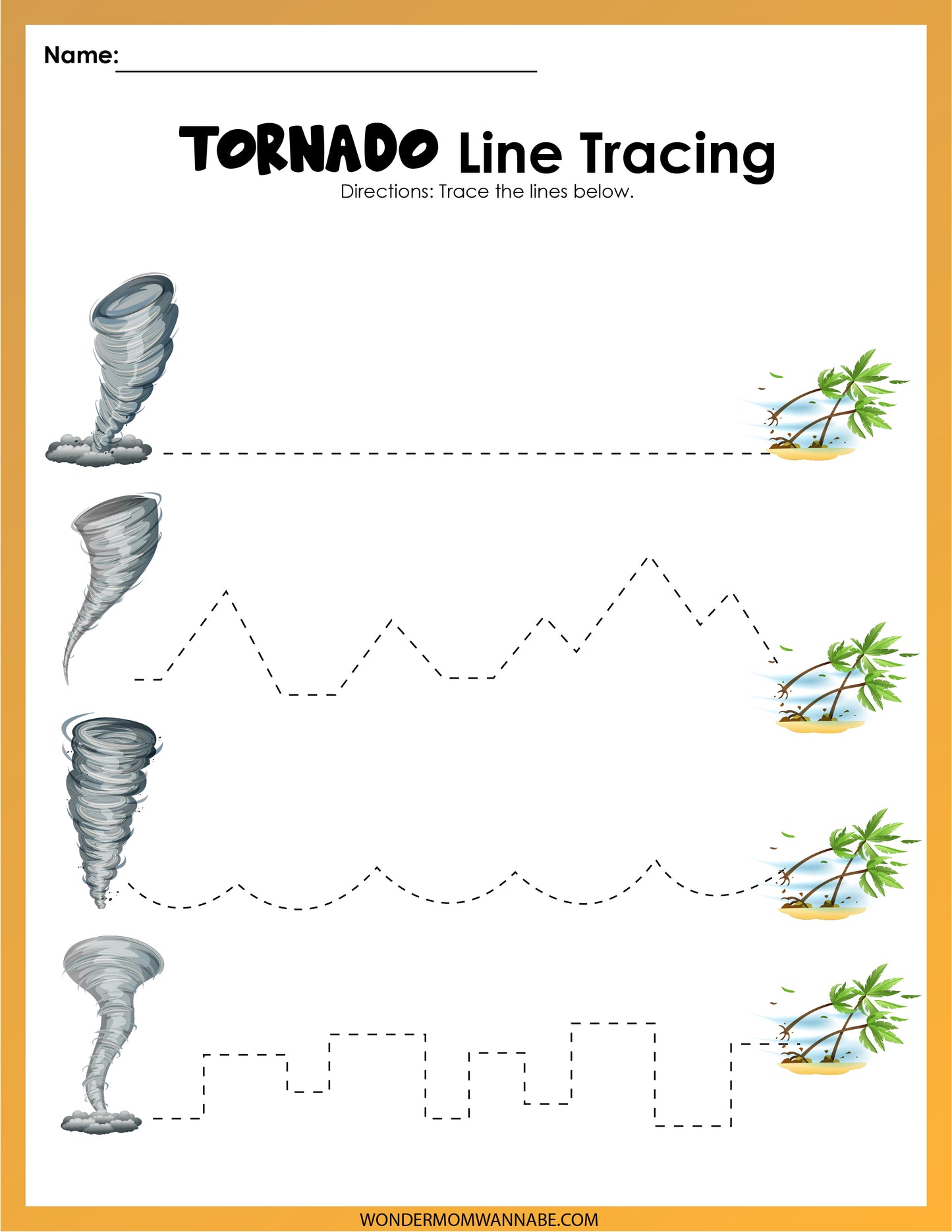 Introducing the "Natural Disasters Activity Set" from Wondermom Shop! It includes a digital product titled "Tornado Line Tracing," where kids can trace dotted lines from tornadoes on the left to palm trees on the right. With four unique line patterns, this set is an ideal addition to any educational activity collection.