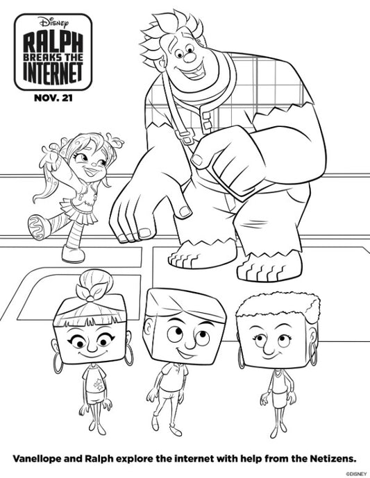 The VIP Vault's Ralph Breaks the Internet Activities include a coloring page of Vanellope, Ralph, and three Netizens, featuring "Nov. 21" at the top. Perfect for activity sets.