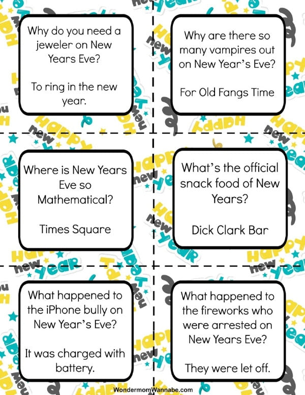 VIP Vault's New Year Lunch Box Jokes for Kids features a grid of printable jokes, perfect for New Year's Eve. Each box includes a question and pun-based answer with colorful graphics to brighten any day.