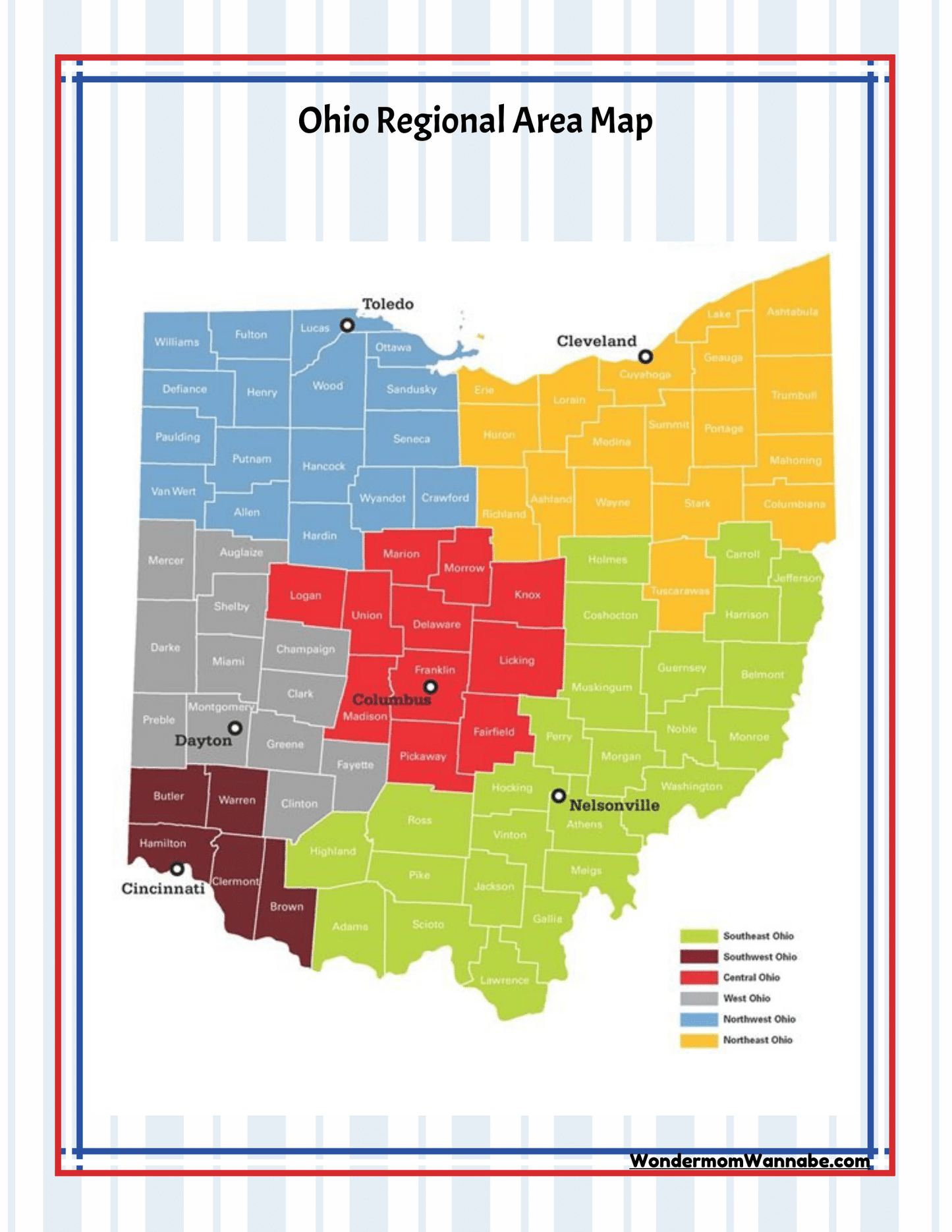 Explore Ohio with the color-coded "Ohio Travel Guide and Activity Kit for Kids" from Wondermom Shop, featuring regional divisions: Northwest, Northeast, Southeast, Southwest, and West Central. Major cities like Cleveland (complete with visitor information), Toledo, Dayton, Cincinnati, and Nelsonville are prominently labeled.