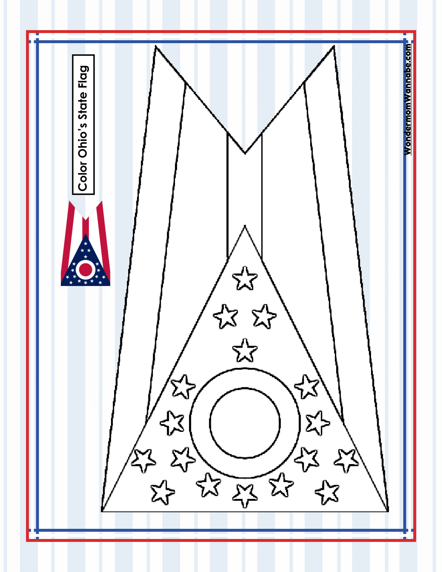 The Ohio Travel Guide and Activity Kit for Kids by Wondermom Shop includes a detailed outline of the Ohio state flag with a large circle, bars, and stars within a triangular section. The side instructions encourage you to "Color Ohio’s State Flag," making it an excellent addition to Ohio state coloring pages or as part of fun activities during your visit to Cleveland.