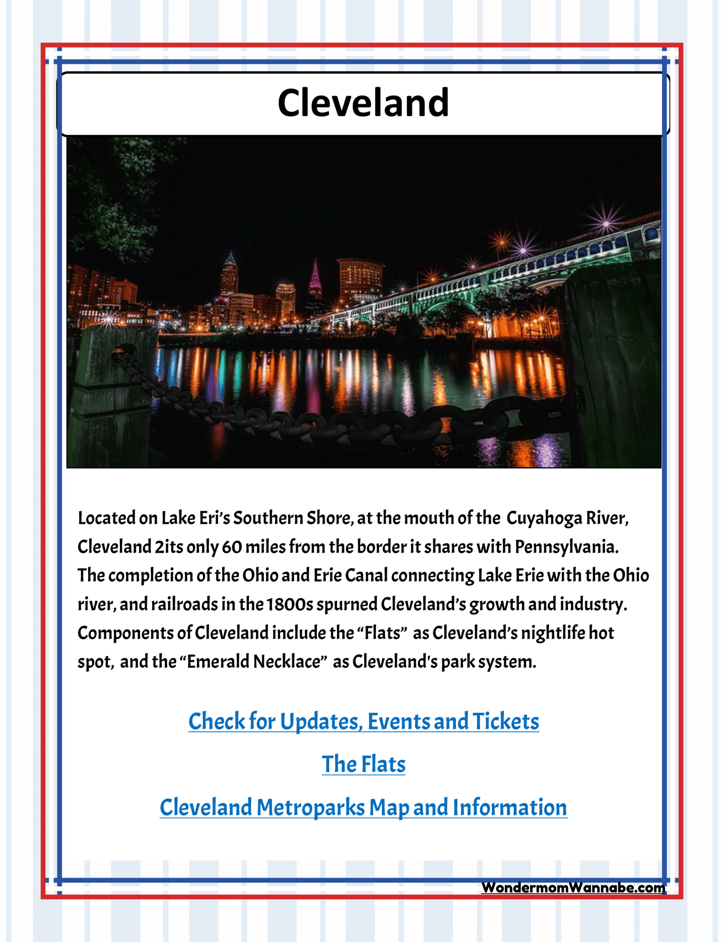 Promote Cleveland with the Ohio Travel Guide and Activity Kit for Kids by Wondermom Shop, featuring its prime location, historical ties to waterways and railroads, and must-see attractions like The Flats and the Emerald Necklace park system. Ideal for families seeking Cleveland visitor information or exploring fun activities in Ohio.
