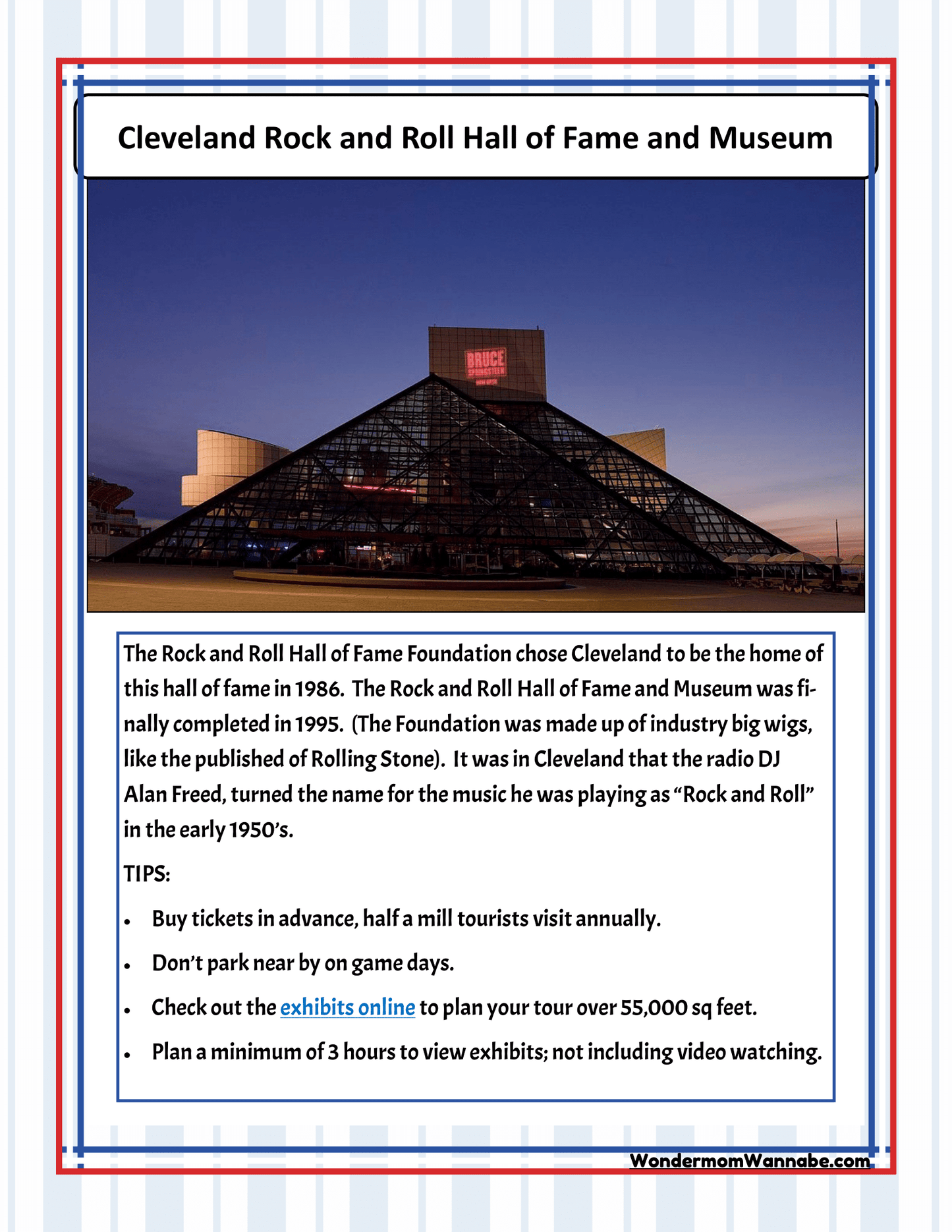 Explore the exterior view of the Cleveland Rock and Roll Hall of Fame and Museum, complete with insights on its history, opening details, ticketing information, and guided tour tips in the accompanying text. Ideal for anyone seeking exciting Ohio activities or looking for comprehensive Cleveland visitor information. Don't forget to check out our Ohio Travel Guide and Activity Kit for Kids by Wondermom Shop!