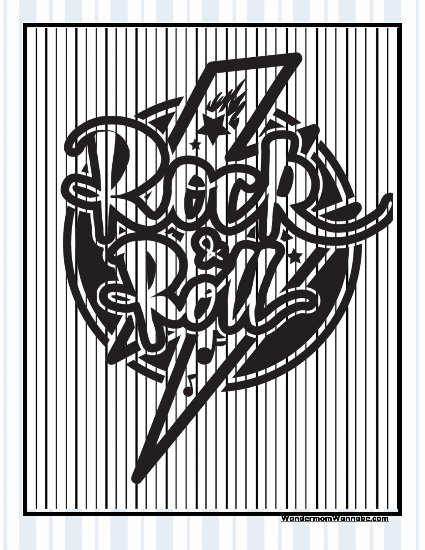 A black and white graphic with the text "Rock & Roll" in bold stylized font, featuring a lightning bolt and star accents, set behind a vertical stripe pattern—perfect for adding to your Ohio Travel Guide and Activity Kit for Kids by Wondermom Shop, or for sharing Cleveland visitor information.