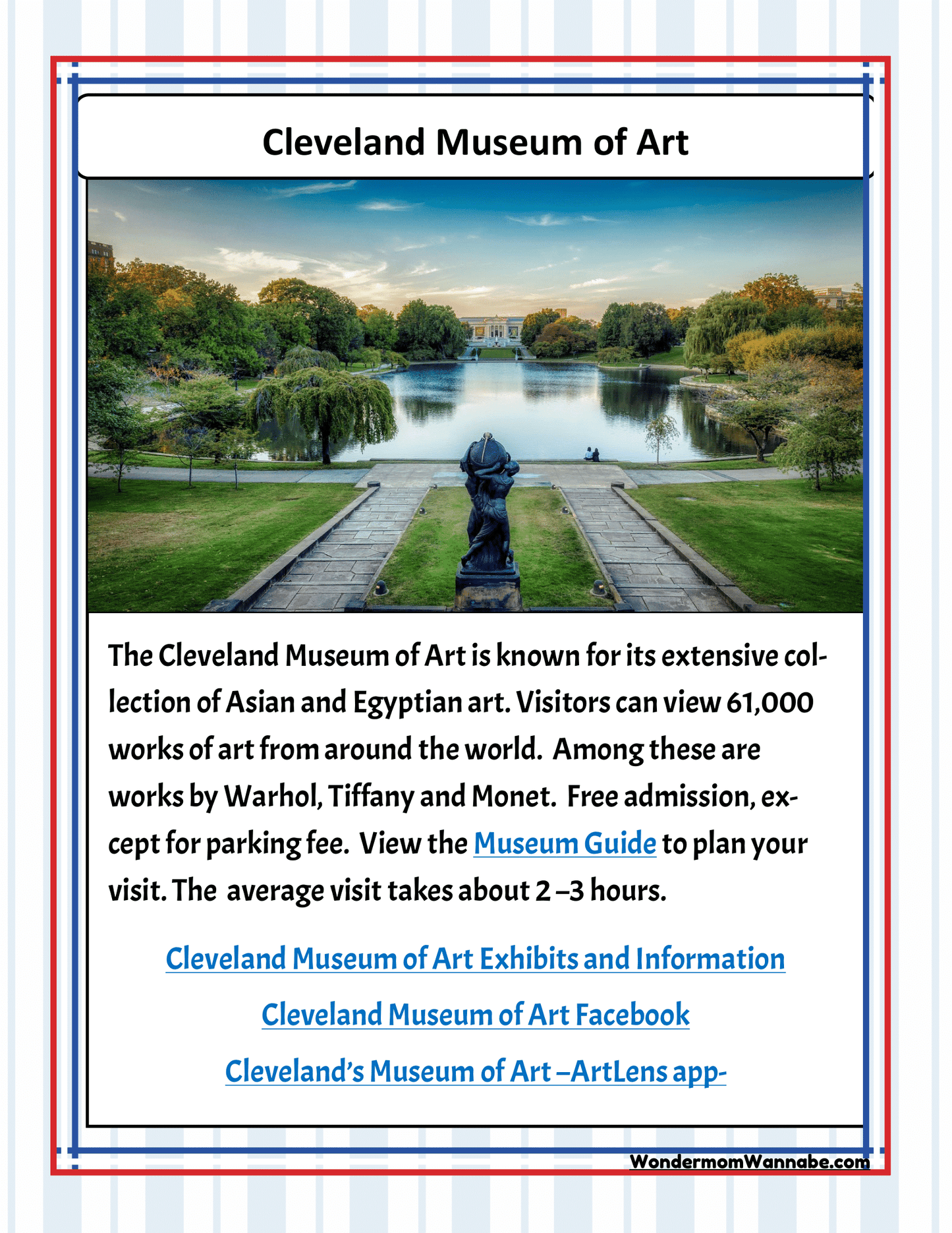 A view of Cleveland Museum of Art's outdoor area, with information text detailing its extensive art collection, free admission, average visit duration, and related links for Cleveland visitor information, featured in the Ohio Travel Guide and Activity Kit for Kids from Wondermom Shop.