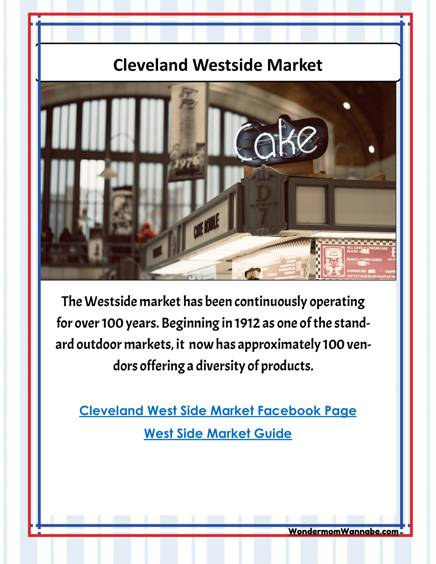 The Cleveland Westside Market, established in 1912, features over 100 vendors offering diverse products. Image shows various vendor stalls and market decor. Widely featured in Wondermom Shop's Ohio Travel Guide and Activity Kit for Kids, this historic market remains a must-see Ohio activity.