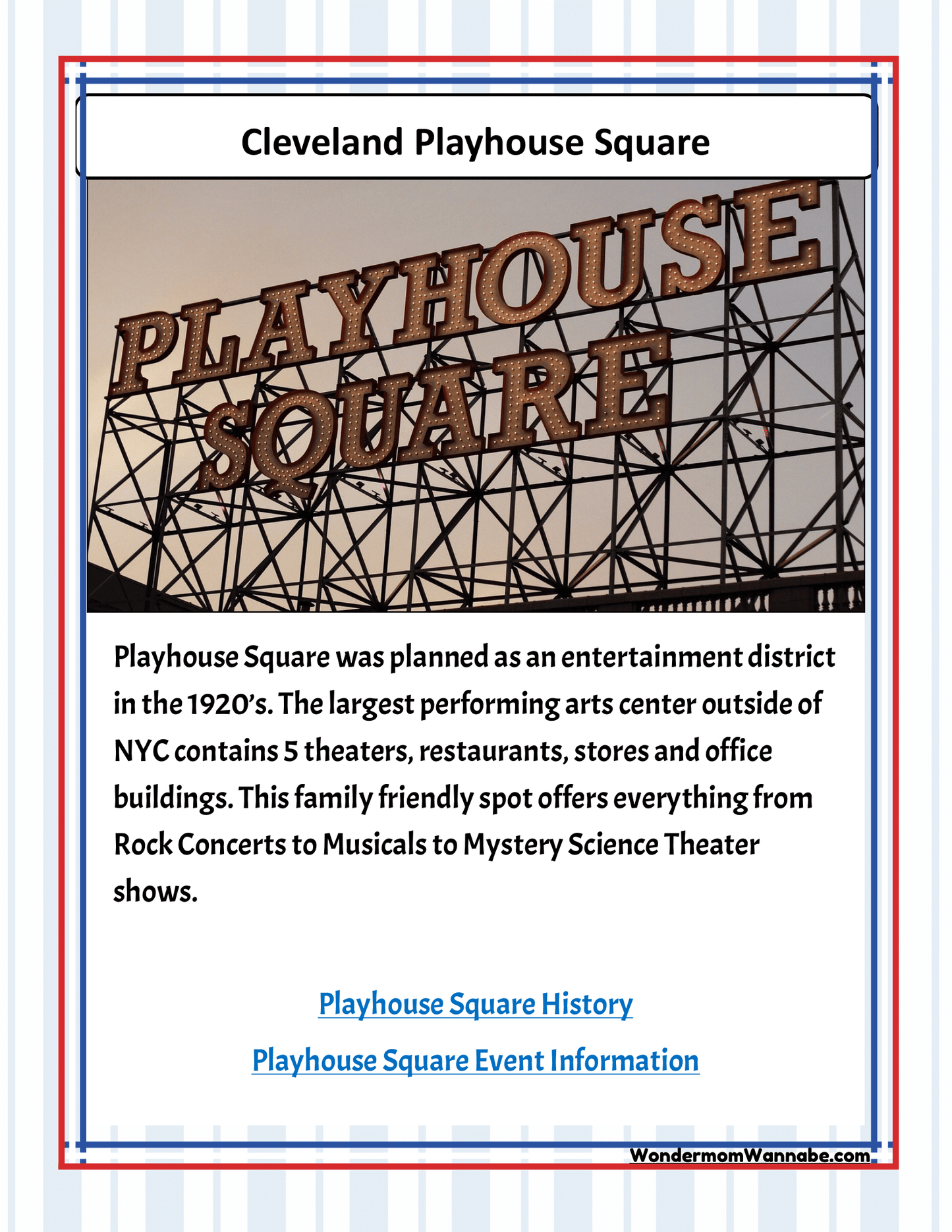 A sign reading "Playhouse Square" with a backdrop of a setting sun invites visitors to learn about the history and offerings of Playhouse Square, including its theaters, restaurants, stores, and office buildings. The text below highlights event links. For more information on visiting Cleveland and discovering activities in Ohio with your children, check out the Wondermom Shop's Ohio Travel Guide and Activity Kit for Kids.