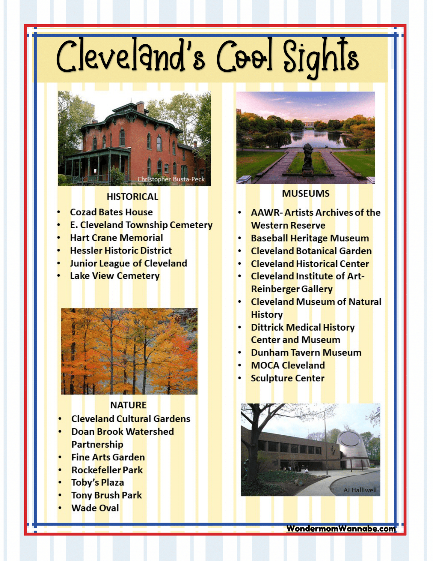A flyer titled "Ohio's Cool Sights" from Wondermom Shop features the Ohio Travel Guide and Activity Kit for Kids, listing attractions in three categories: Historical, Museums, and Nature. It highlights places like Cleveland Cultural Gardens and Rock & Roll Hall of Fame. Perfect for those seeking comprehensive Cleveland visitor information, it’s ideal for planning your Ohio activities with kids.