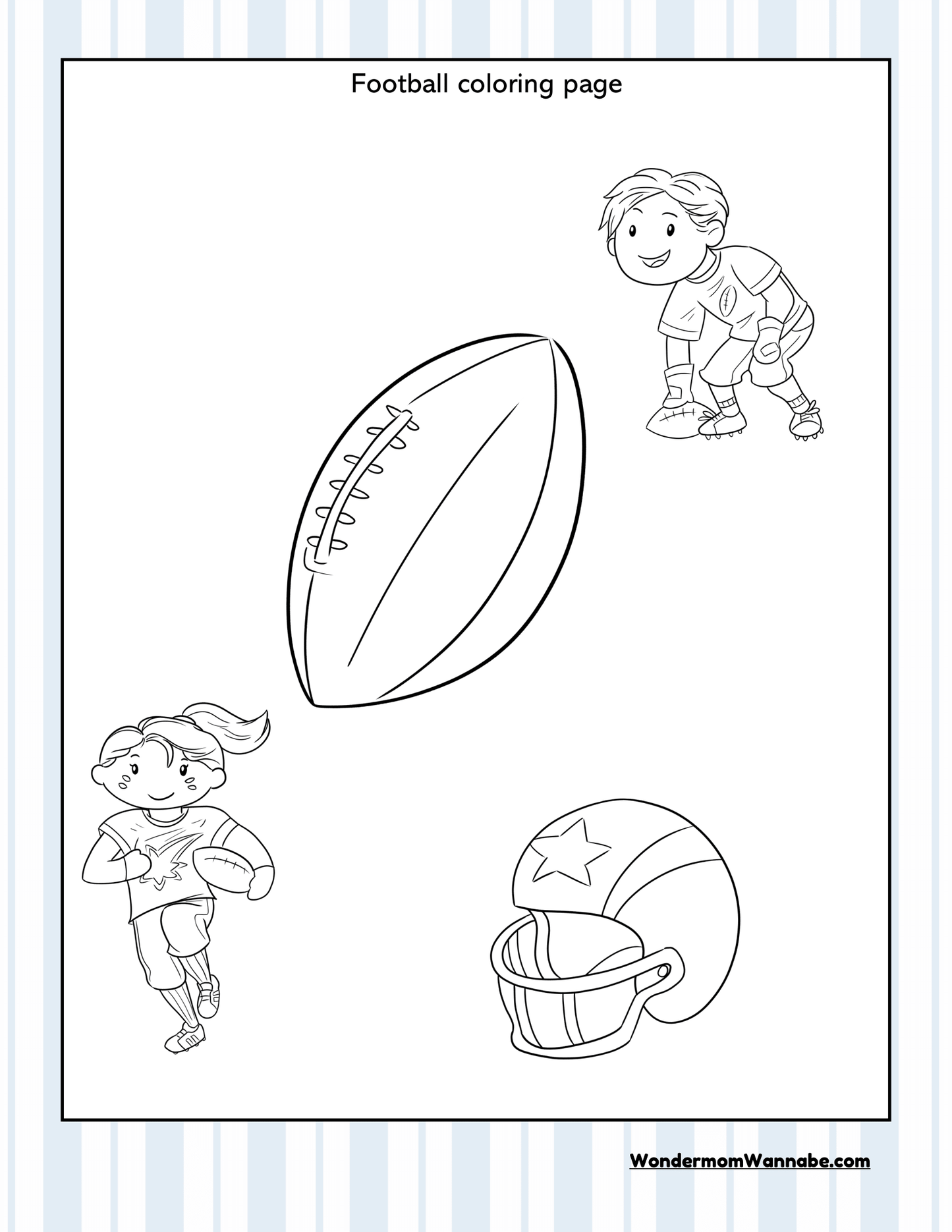 Discover a black and white football coloring page featuring a football, two children in football gear, and a helmet. Ideal for fans seeking Ohio state-themed activities or looking for fun ways to engage with the "Ohio Travel Guide and Activity Kit for Kids" by Wondermom Shop!