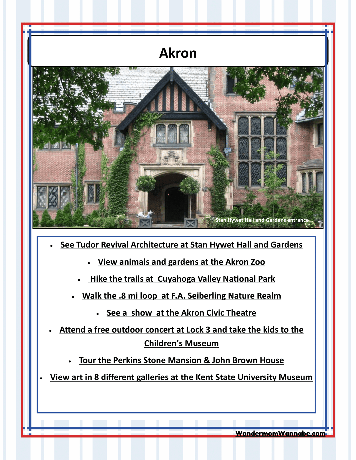 Flyer showcasing Ohio activities in Akron in bullet points, including visiting Stan Hywet Hall and Gardens, Akron Zoo, hiking, and viewing art. A large Tudor Revival building with a garden is pictured in the background. Ideal for anyone seeking Cleveland visitor information or looking for Ohio state coloring pages. Featuring the Ohio Travel Guide and Activity Kit for Kids by Wondermom Shop.