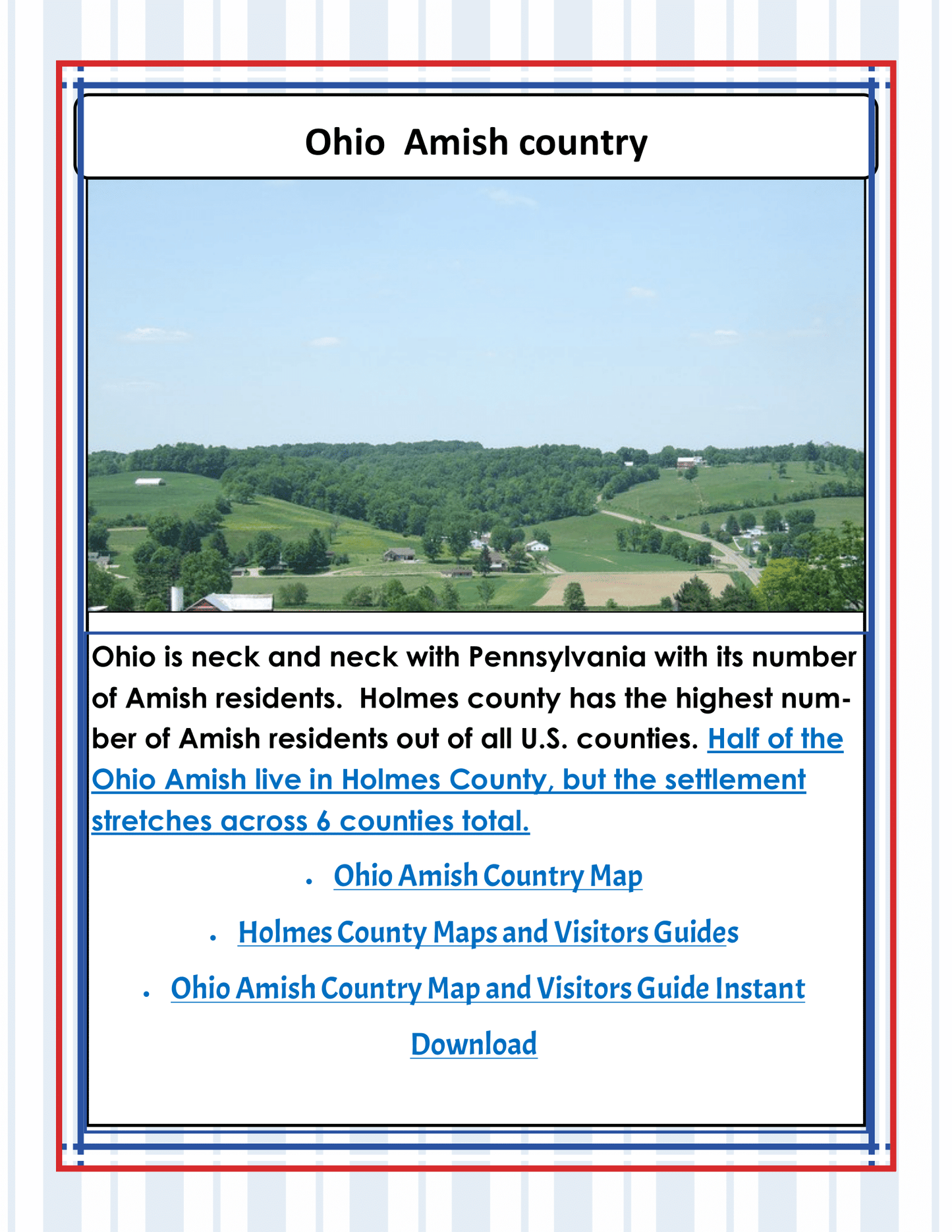 Create an engaging informational flyer about Ohio Amish country, emphasizing Holmes County as having the highest number of Amish residents. Enhance your experience with the Ohio Travel Guide and Activity Kit for Kids from Wondermom Shop, featuring links to maps, visitor guides, and a variety of Ohio activities.