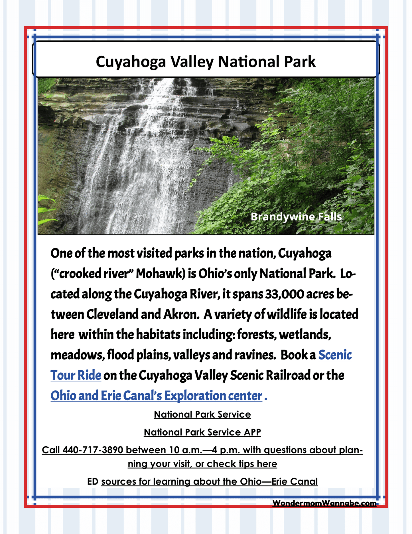 Flyer for Cuyahoga Valley National Park featuring an image of Brandywine Falls. Includes park information, visiting hours, contact details, and highlights like scenic tours, the Ohio-Erie Canal Exploration Center, and Cleveland visitor information. Plus, check out the Ohio Travel Guide and Activity Kit for Kids by Wondermom Shop!