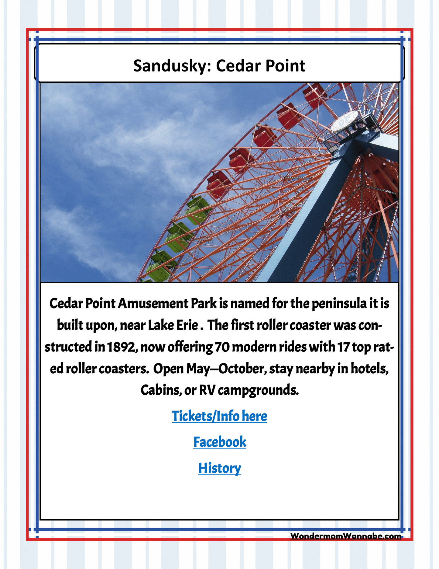 An informational flyer for Wondermom Shop's Ohio Travel Guide and Activity Kit for Kids, featuring details on Cedar Point Amusement Park in Sandusky, including its location, history, attractions, and accommodation options. The flyer also provides Cleveland visitor information and links to other exciting activities in Ohio. Follow us on Facebook and other social platforms for more updates!
