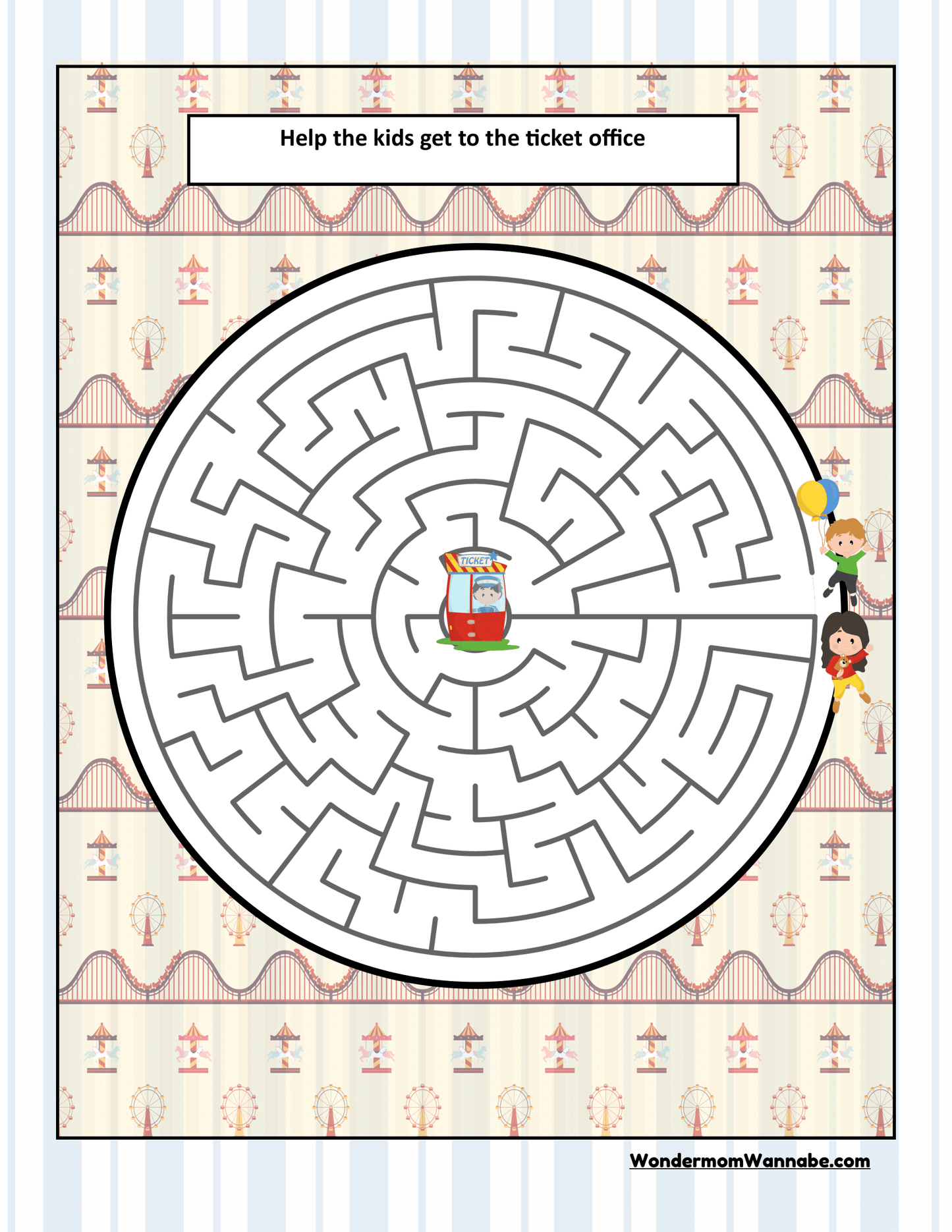 An illustration from the Ohio Travel Guide and Activity Kit for Kids by Wondermom Shop shows a maze with a ticket booth in the center and two children holding balloons at its entrance. The maze's objective is "Help the kids get to the ticket office." This engaging activity, much like Ohio state coloring pages, brings an extra layer of excitement to young explorers learning about activities in Ohio.